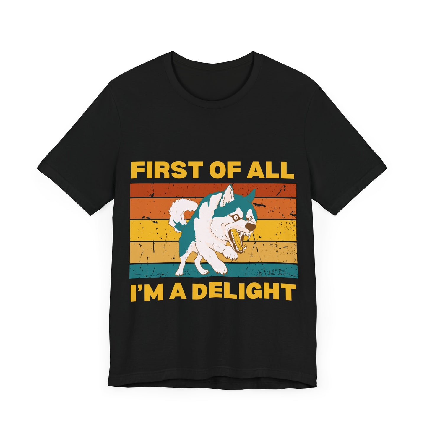 Funny Dog Lover T-Shirt – Retro Sunset Graphic Tee in Brown with 'First of All, I'm a Delight' Quote