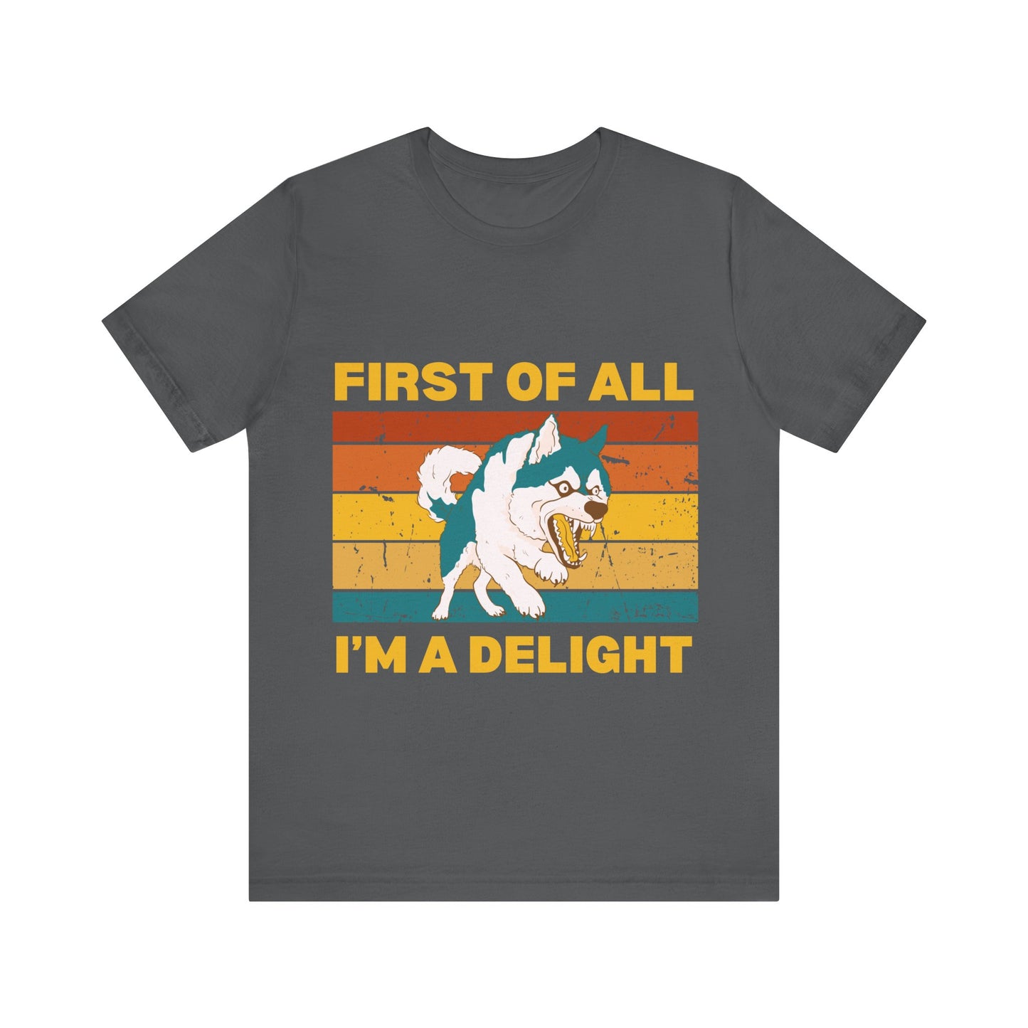 Retro Sunset Synergy Dog T-Shirt – Funny 'First of All, I'm a Delight' Graphic Tee
