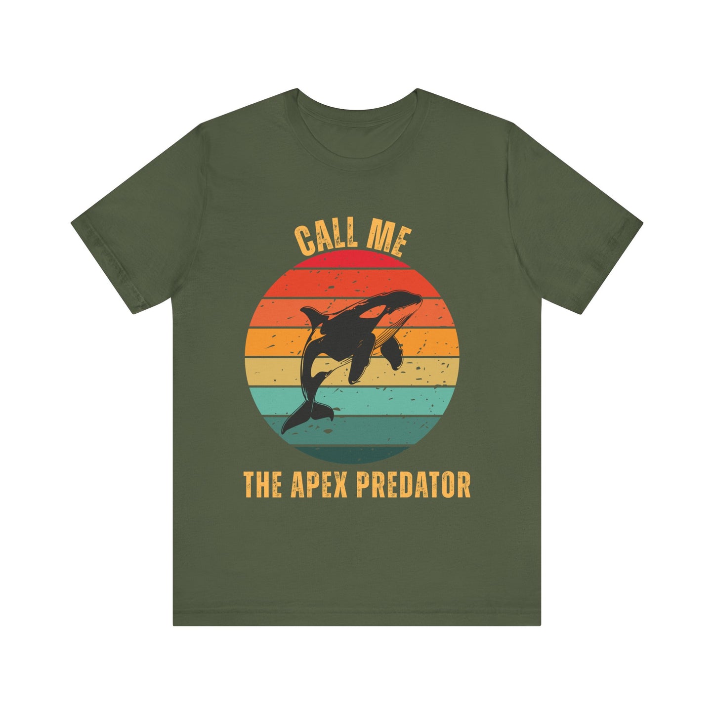 Retro Sunset Orca T-Shirt – Call Me The Apex Predator in Military Green
