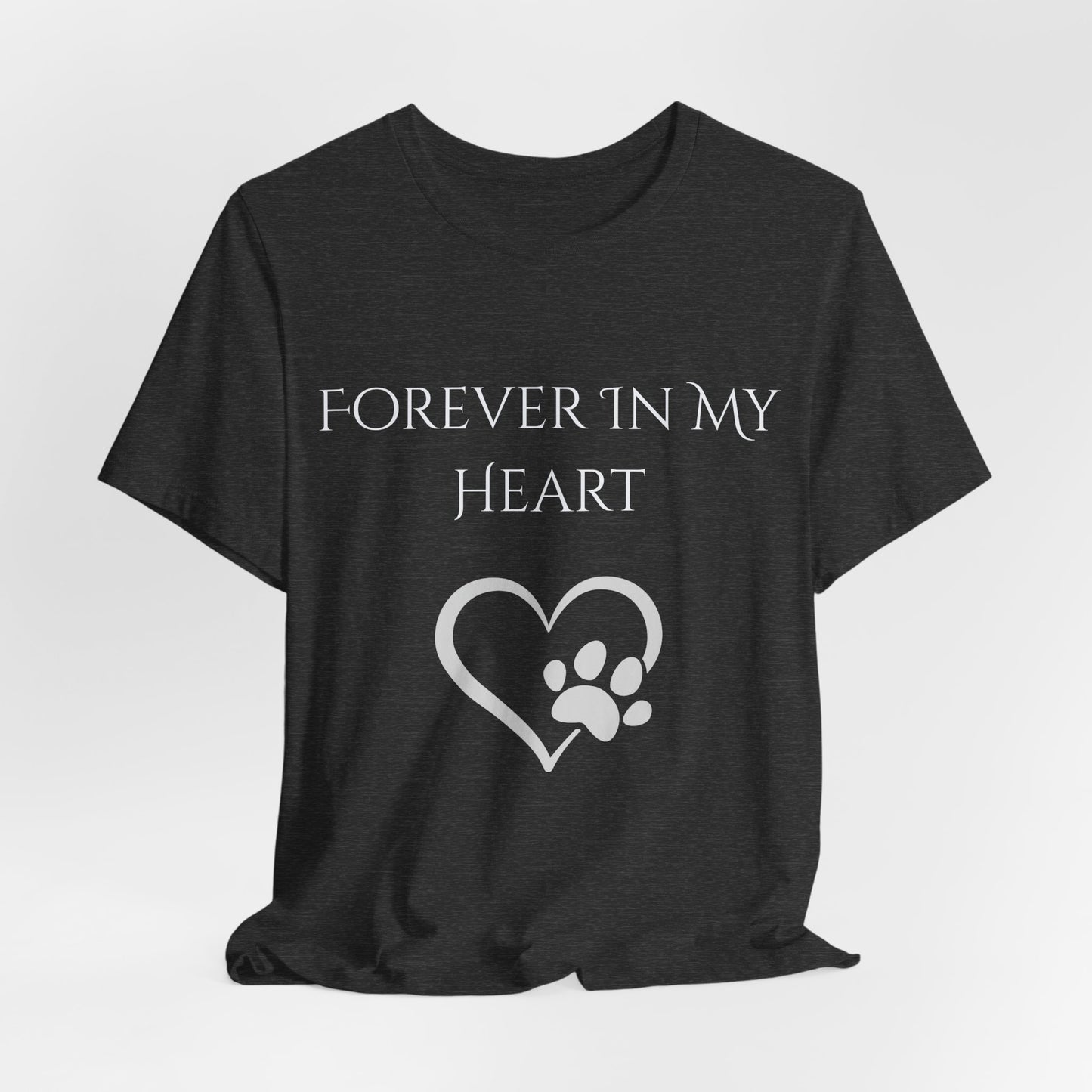 Model wearing Forever In My Heart pet memorial t-shirt – tribute shirt for lost dog or cat