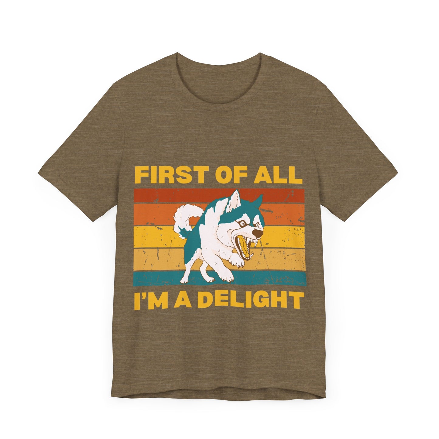 Retro Sunset Synergy Dog T-Shirt – Funny 'First of All, I'm a Delight' Graphic Tee