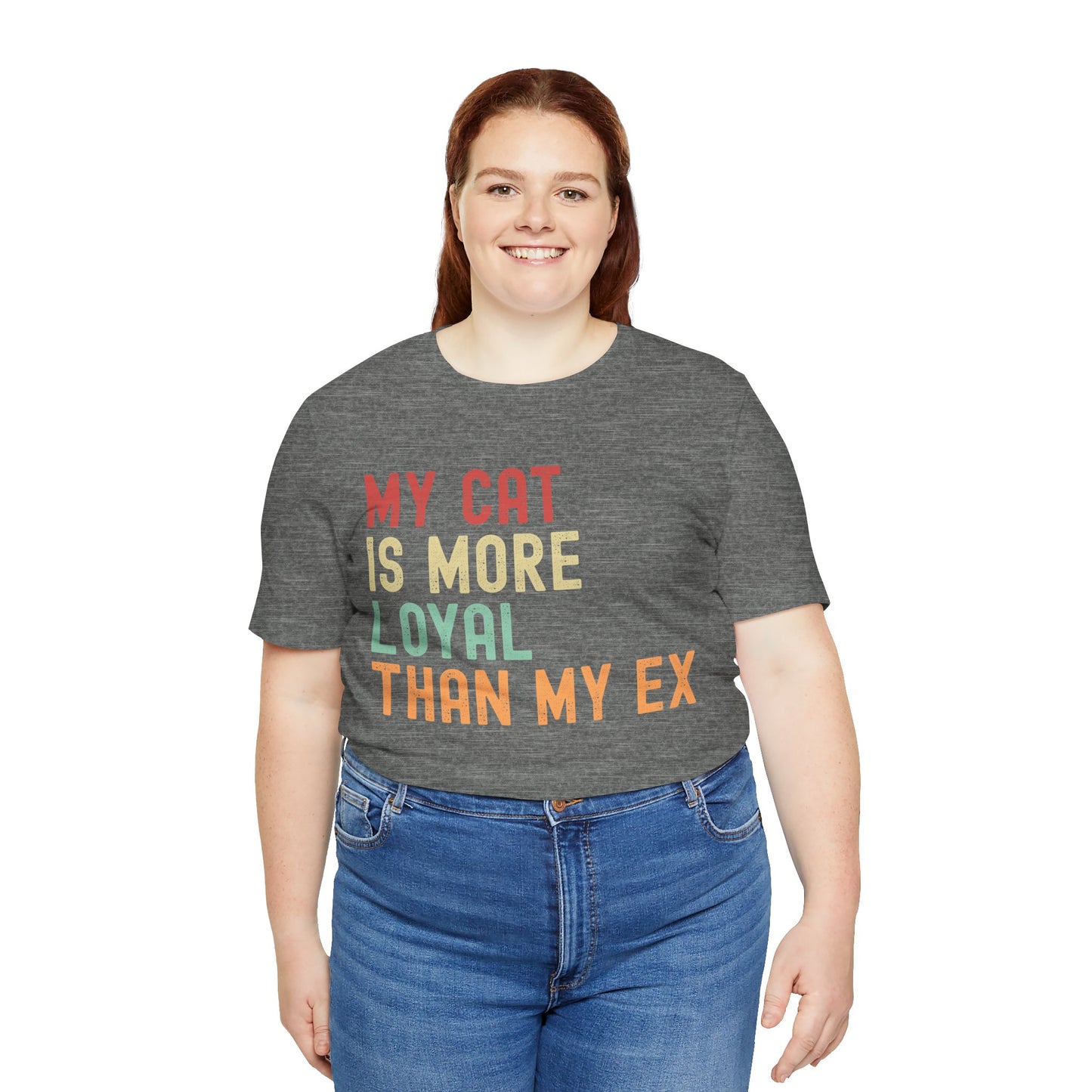 Funny unisex cat lover t-shirt with 'My Cat Is More Loyal Than My Ex' text design in Deep Heather