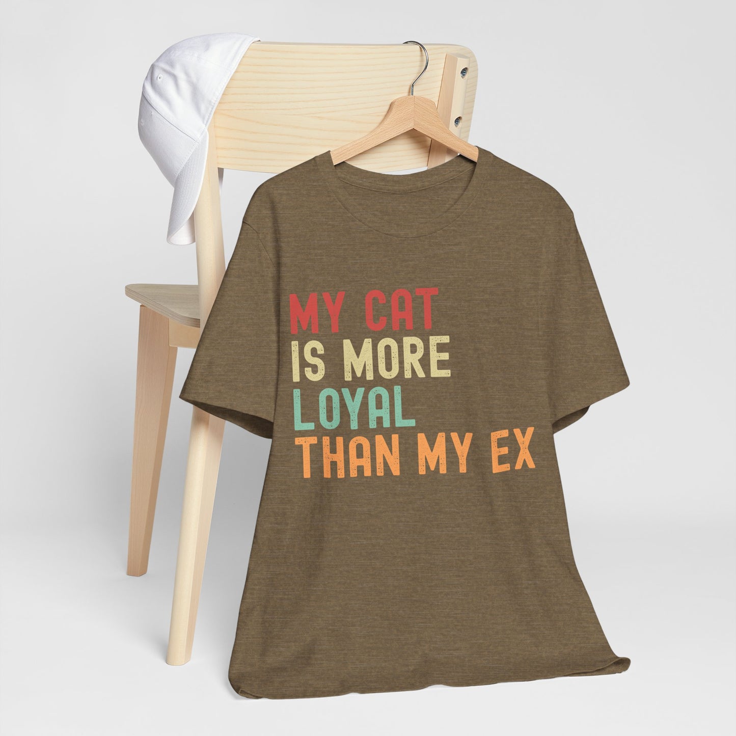 Funny unisex cat lover t-shirt with 'My Cat Is More Loyal Than My Ex' text design Heather Olive