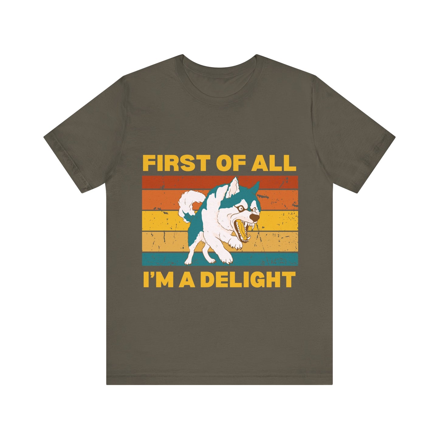 Retro Sunset Synergy Dog T-Shirt – Funny 'First of All, I'm a Delight' Graphic Tee