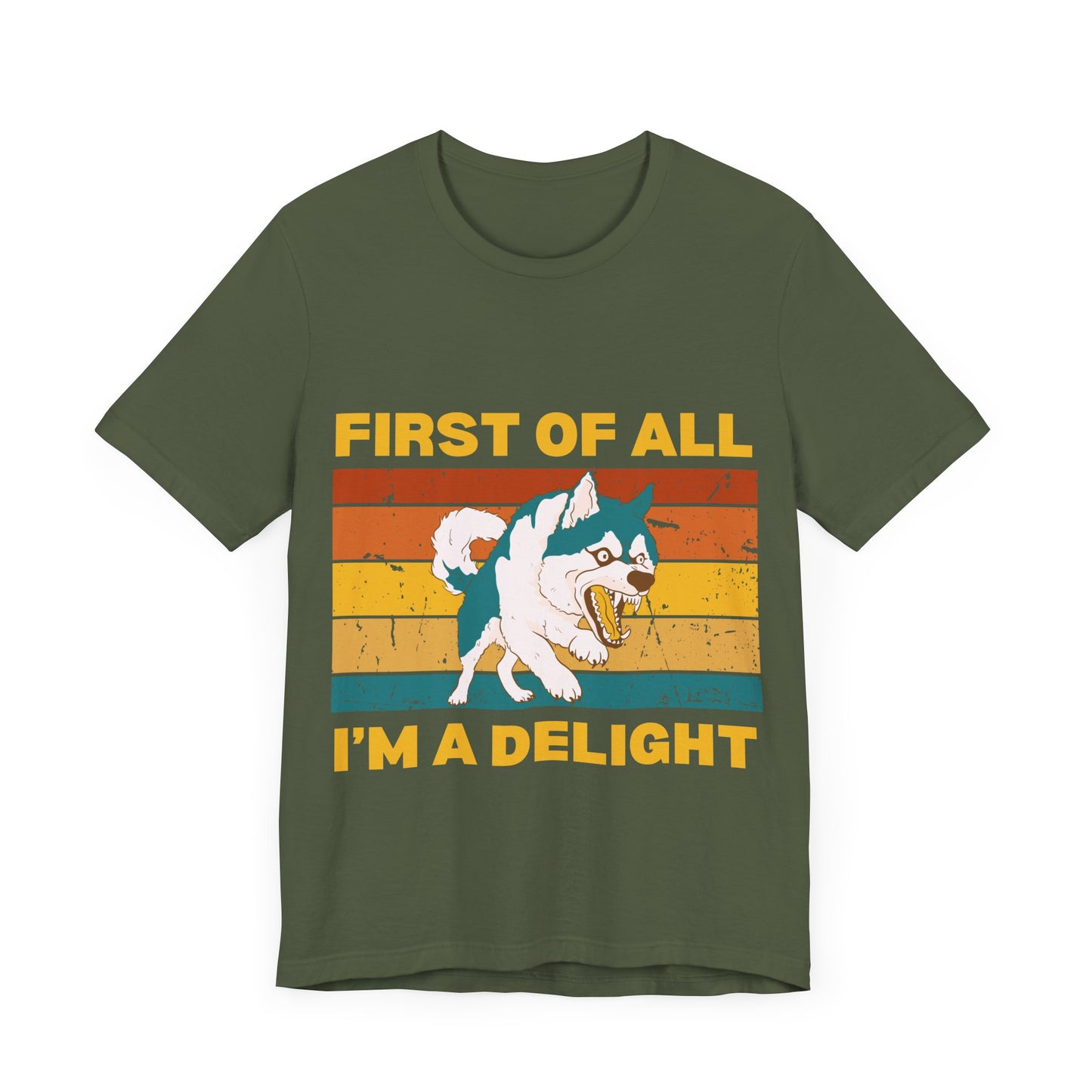 Retro Sunset Synergy Dog T-Shirt – Funny 'First of All, I'm a Delight' Graphic Tee