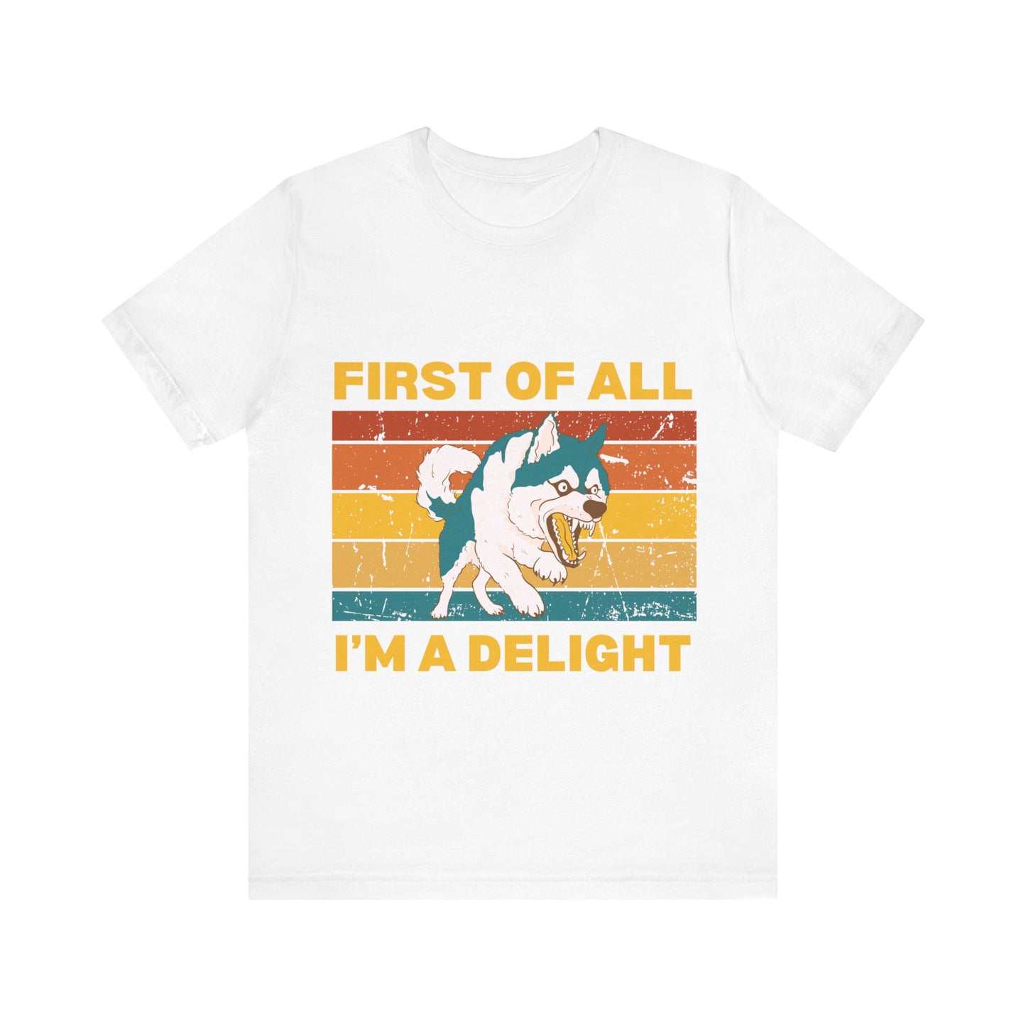 Funny Dog Lover T-Shirt – Retro Sunset Graphic Tee in White with 'First of All, I'm a Delight' Quote