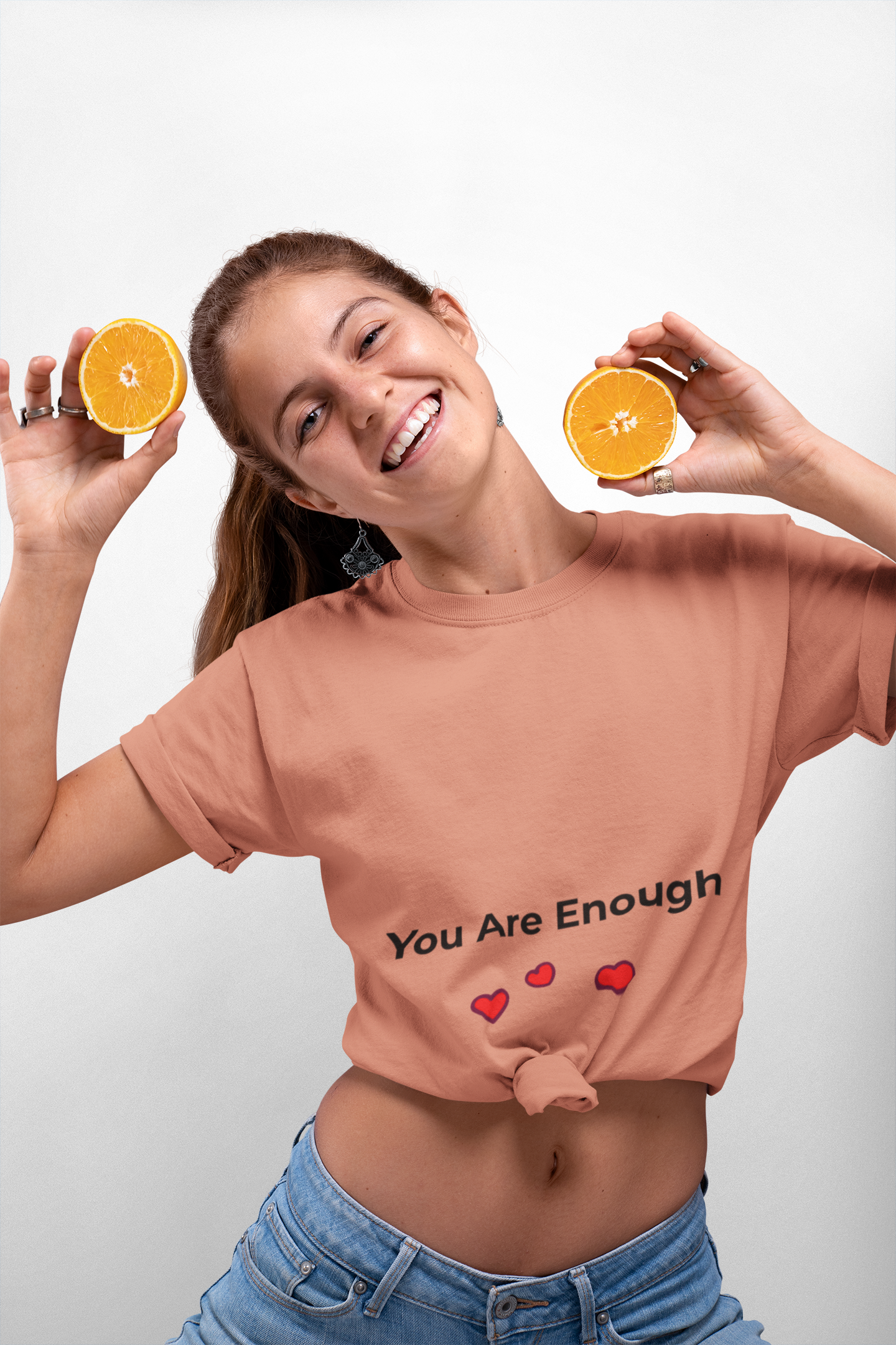 Model wearing You Are Enough t-shirt in soft pastel color – mental health awareness shirt