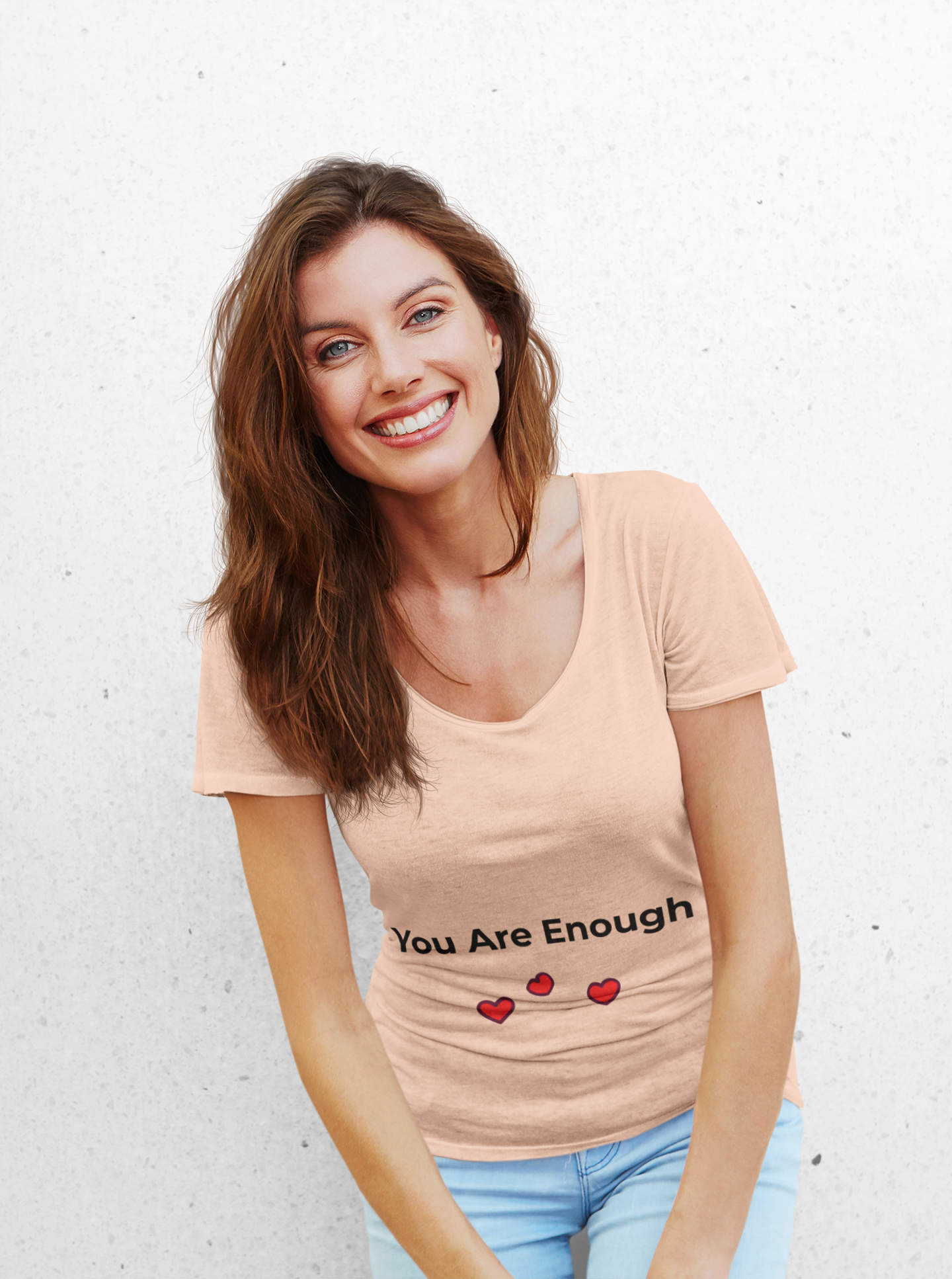 Model wearing You Are Enough t-shirt in soft pastel color – mental health awareness shirt