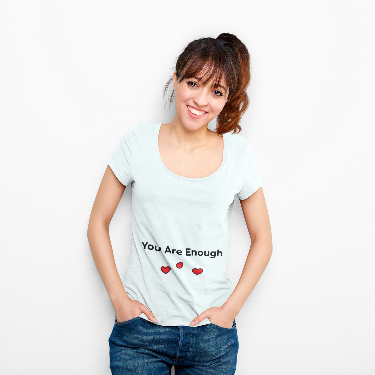 Model wearing You Are Enough t-shirt in soft pastel color – mental health awareness shirt