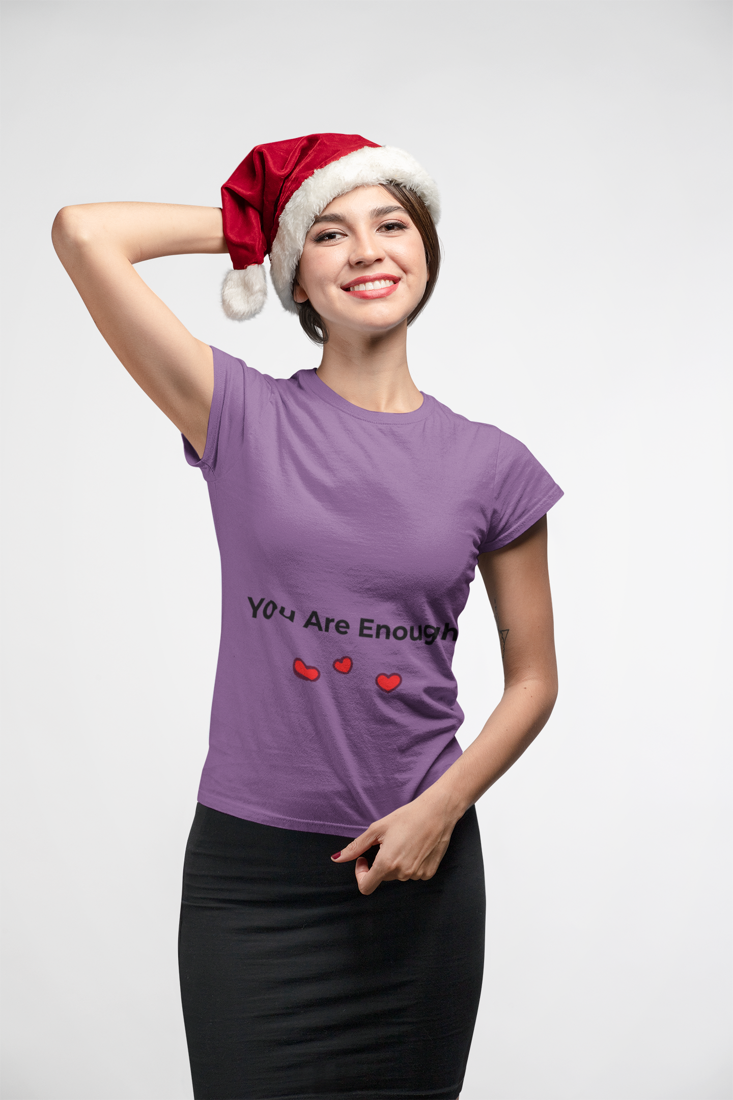 Model wearing You Are Enough t-shirt in soft pastel color – mental health awareness shirt