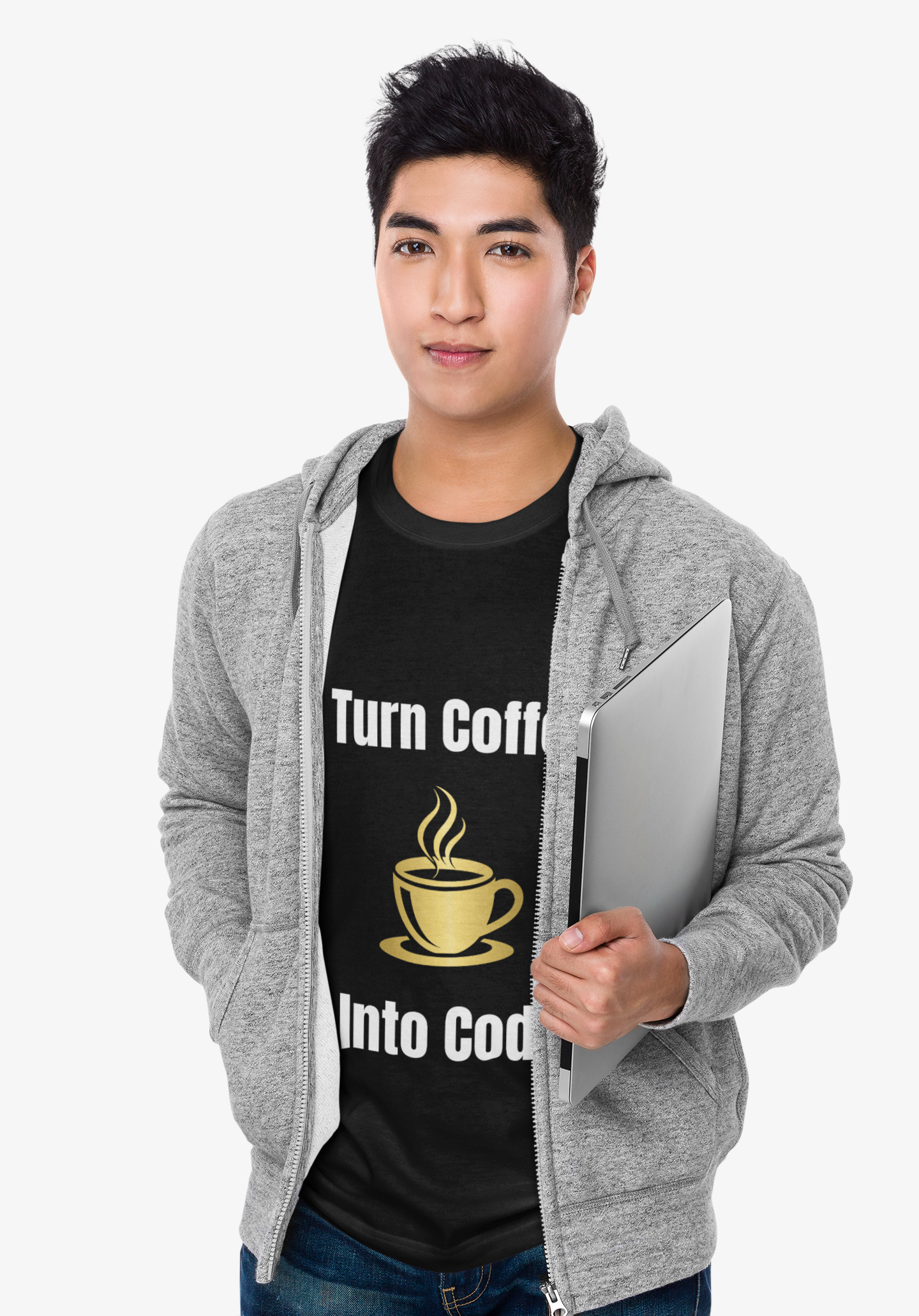 Person wearing Coffee > Code t-shirt – funny tech shirt for programmers and developers