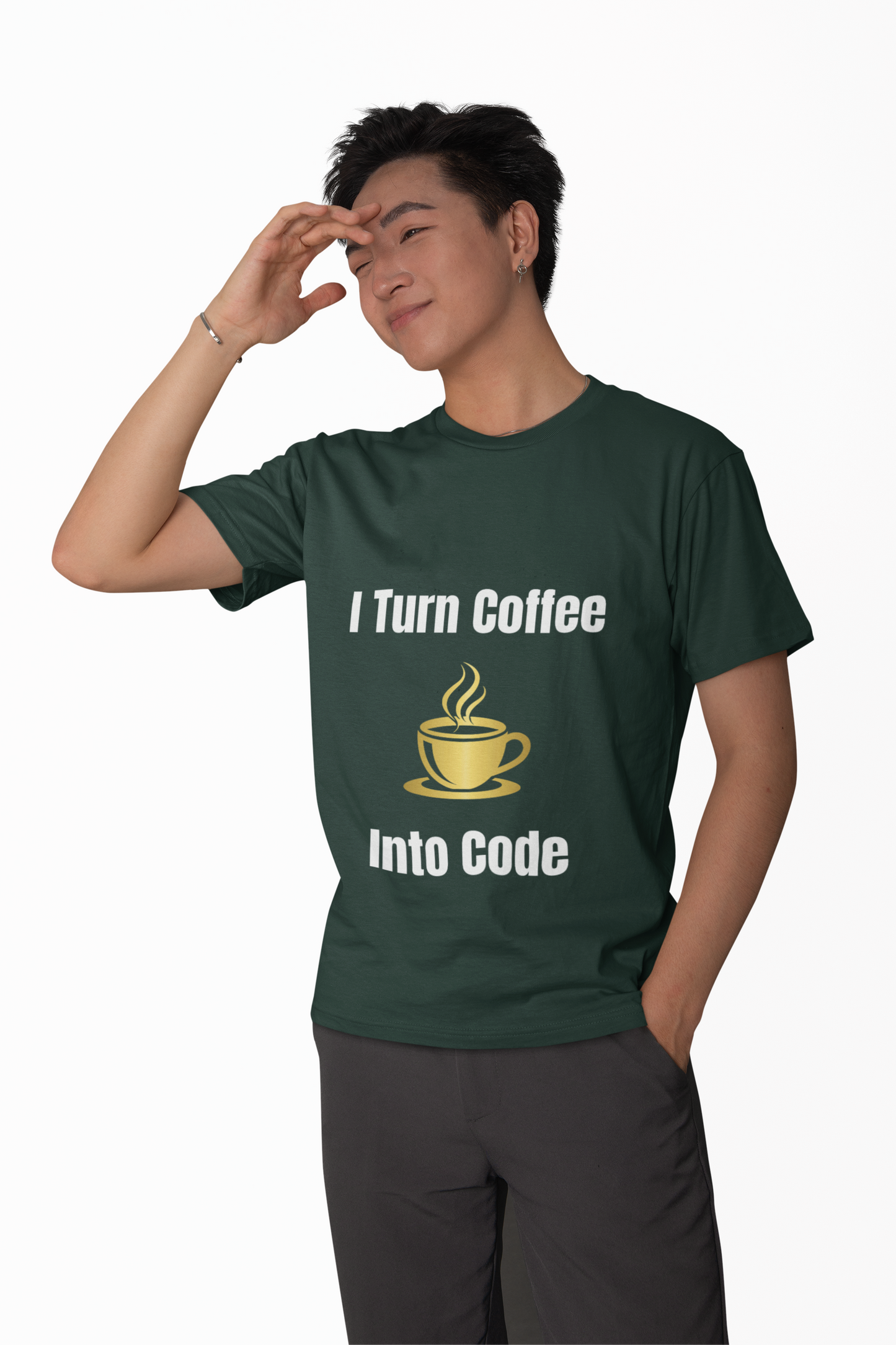 Person wearing Coffee > Code t-shirt – funny tech shirt for programmers and developers