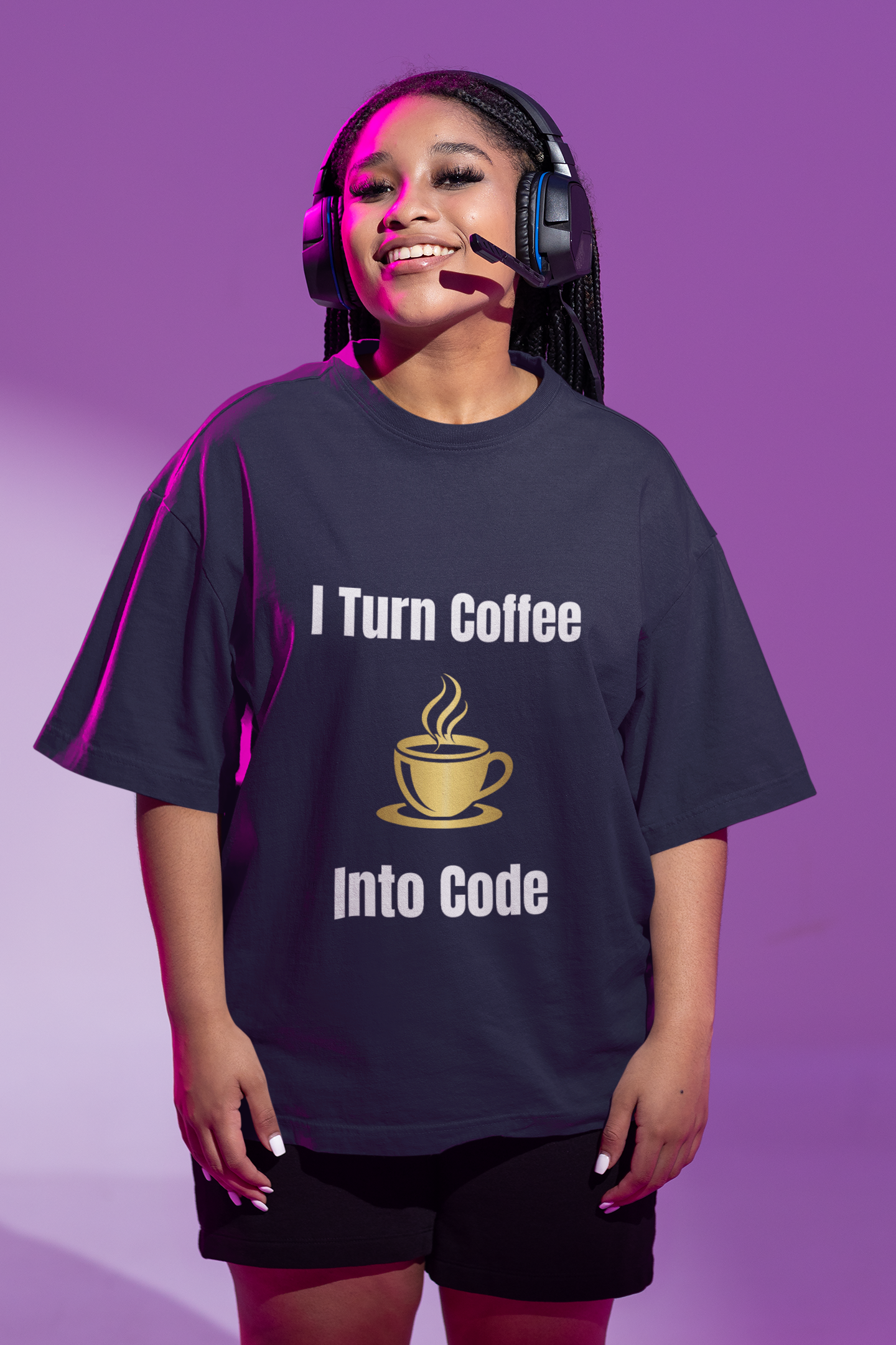 Person wearing Coffee > Code t-shirt – funny tech shirt for programmers and developers