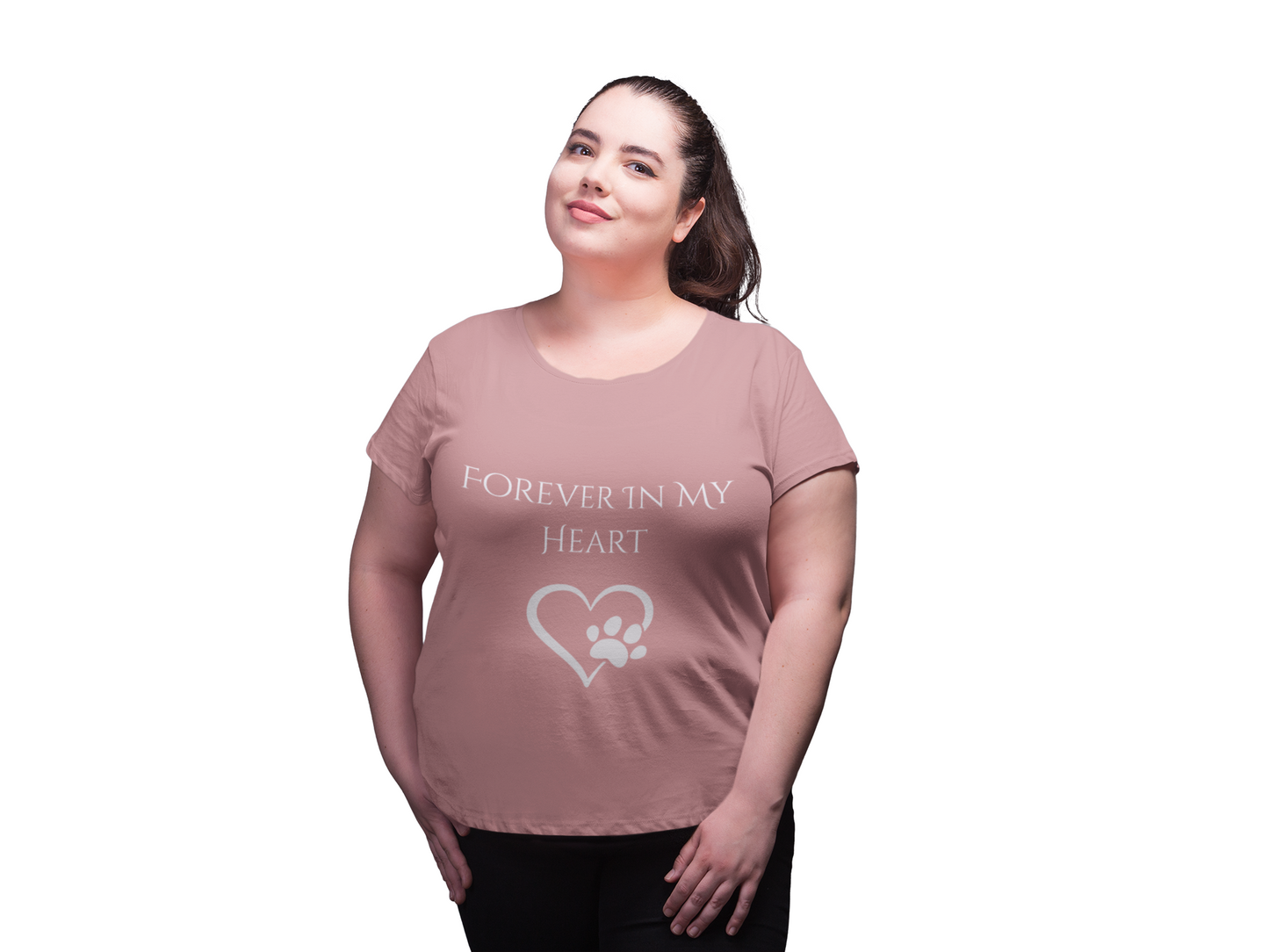 Model wearing Forever In My Heart pet memorial t-shirt – tribute shirt for lost dog or cat