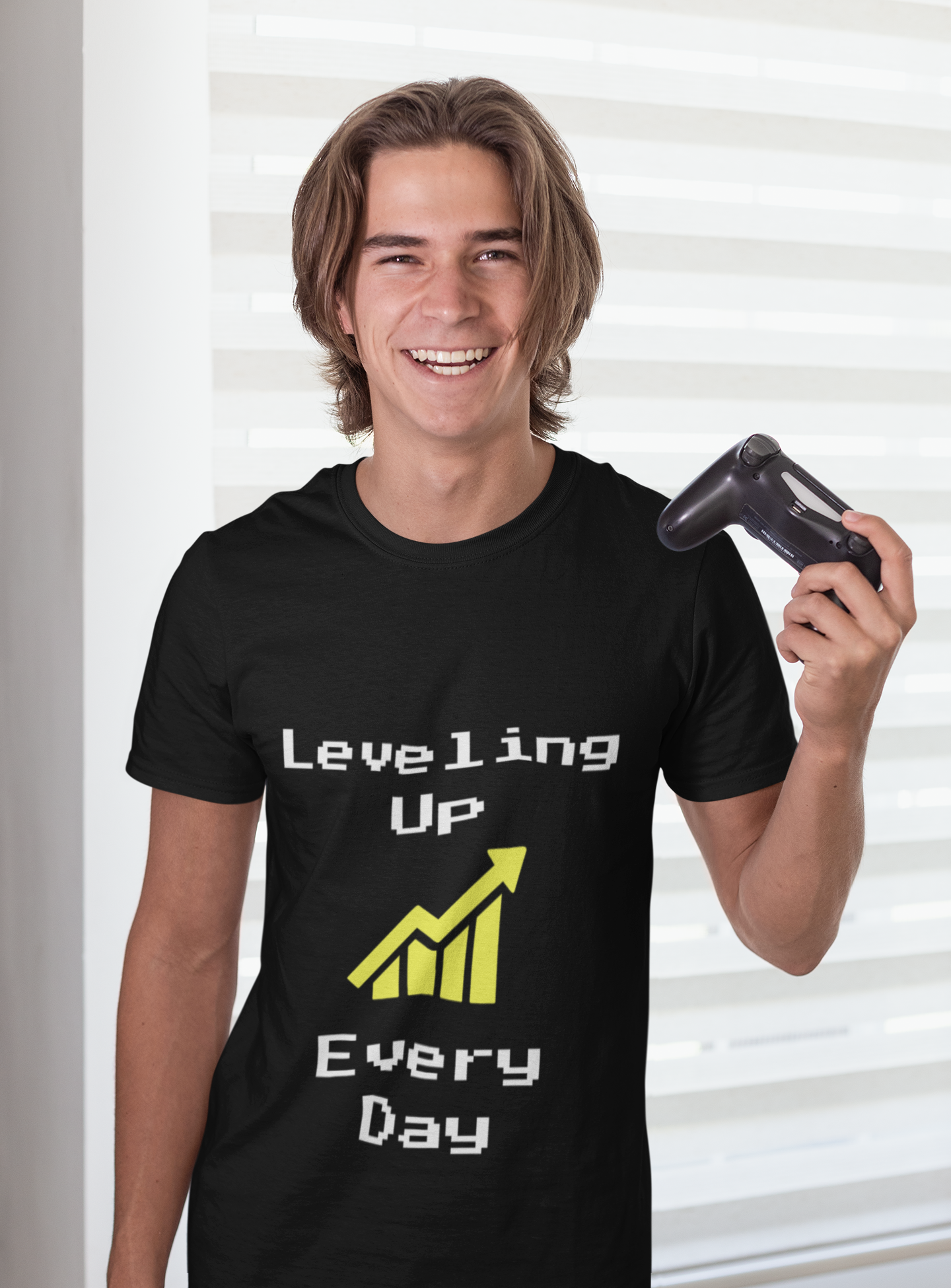 Person wearing Leveling Up Every Day t-shirt – motivational gaming shirt for gamers and streamers