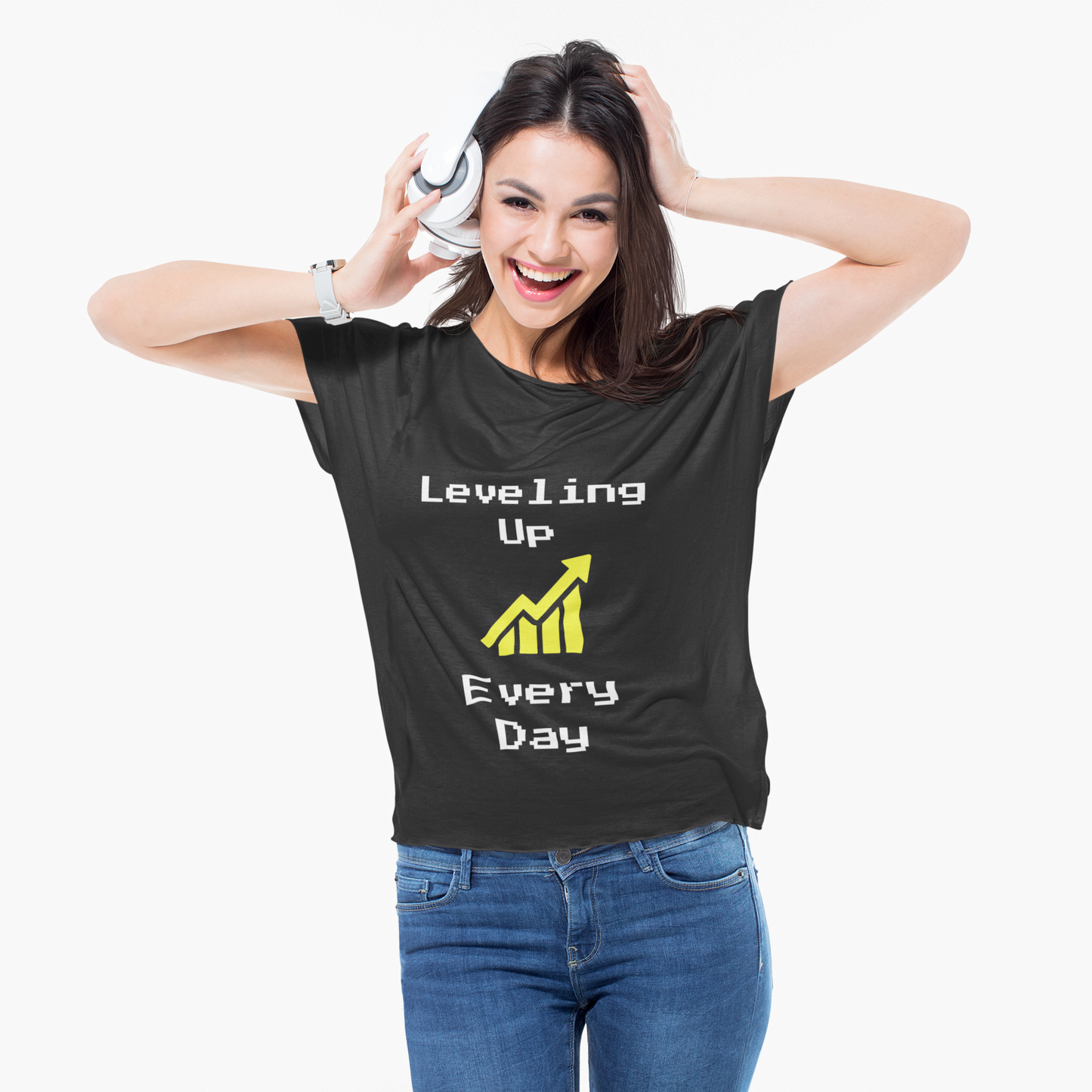 Person wearing Leveling Up Every Day t-shirt – motivational gaming shirt for gamers and streamers