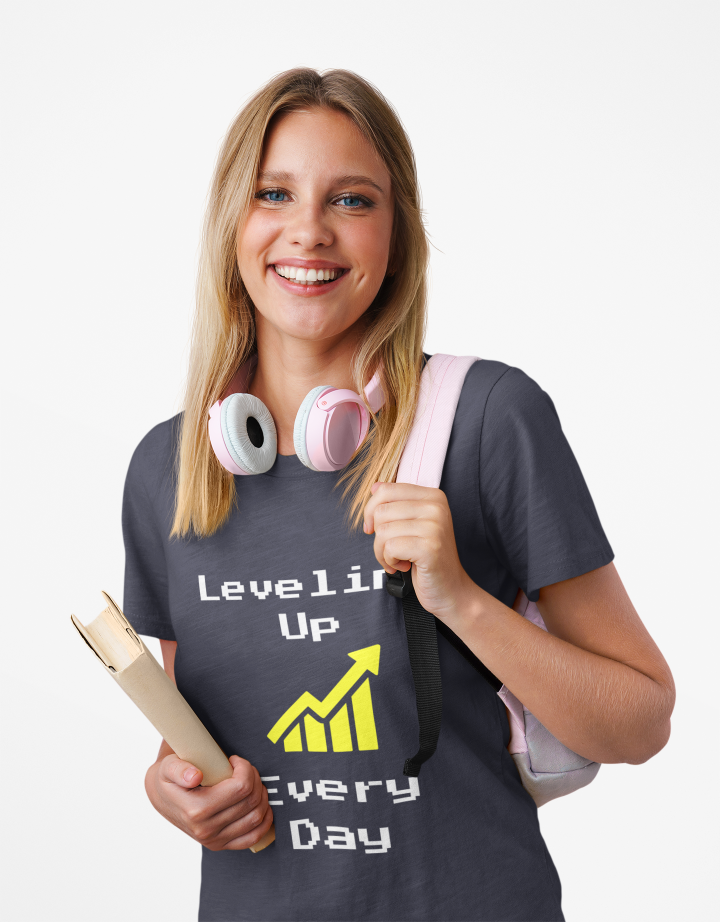 Person wearing Leveling Up Every Day t-shirt – motivational gaming shirt for gamers and streamers
