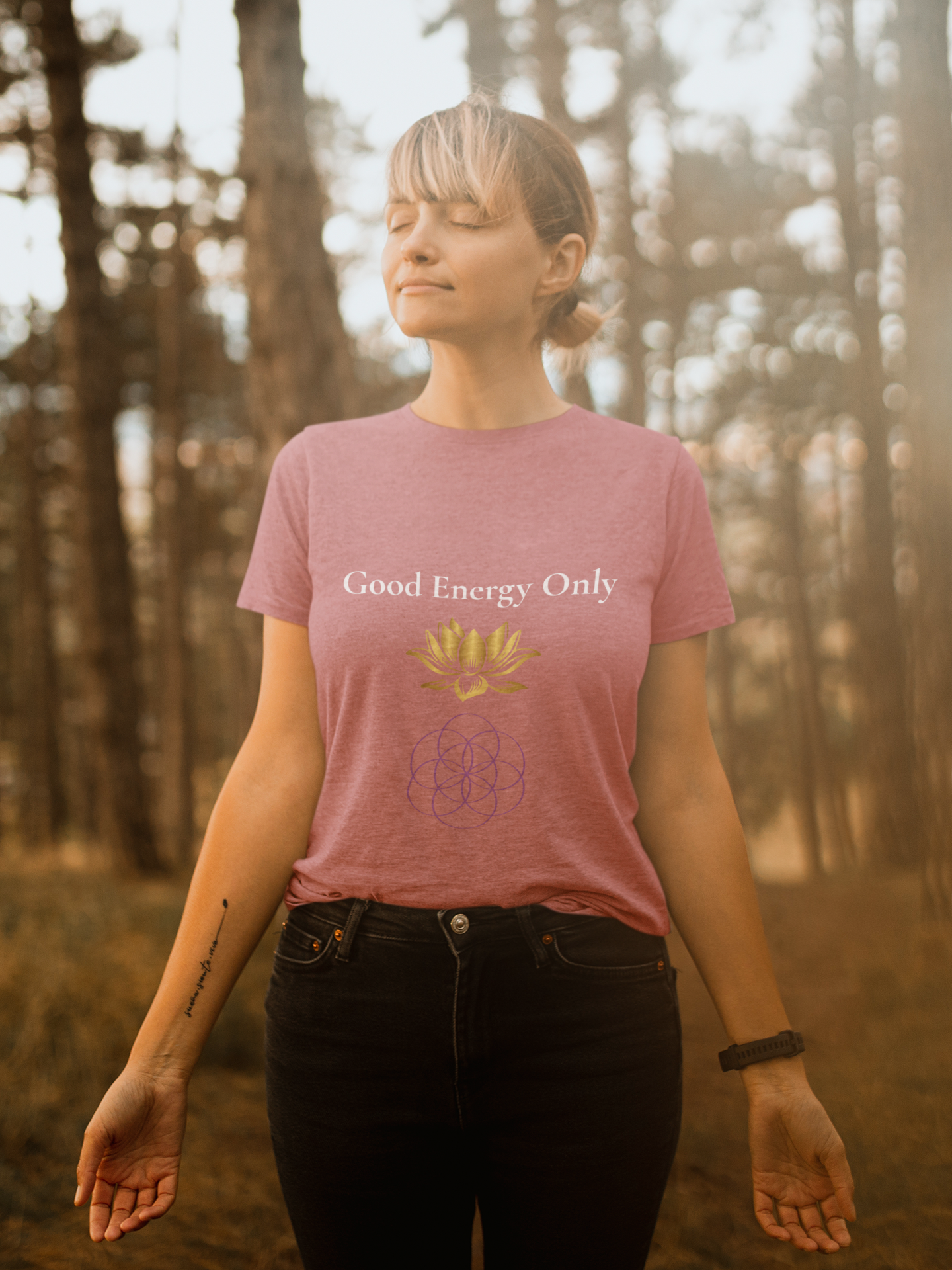 Model wearing Good Energy Only t-shirt – mindfulness and positive vibes spiritual shirt
