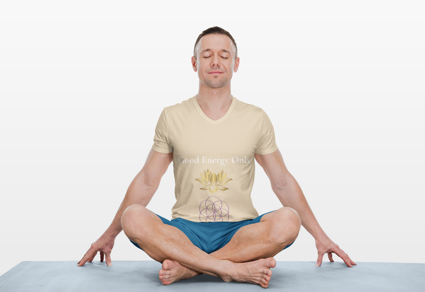 Model wearing Good Energy Only t-shirt – mindfulness and positive vibes spiritual shirt