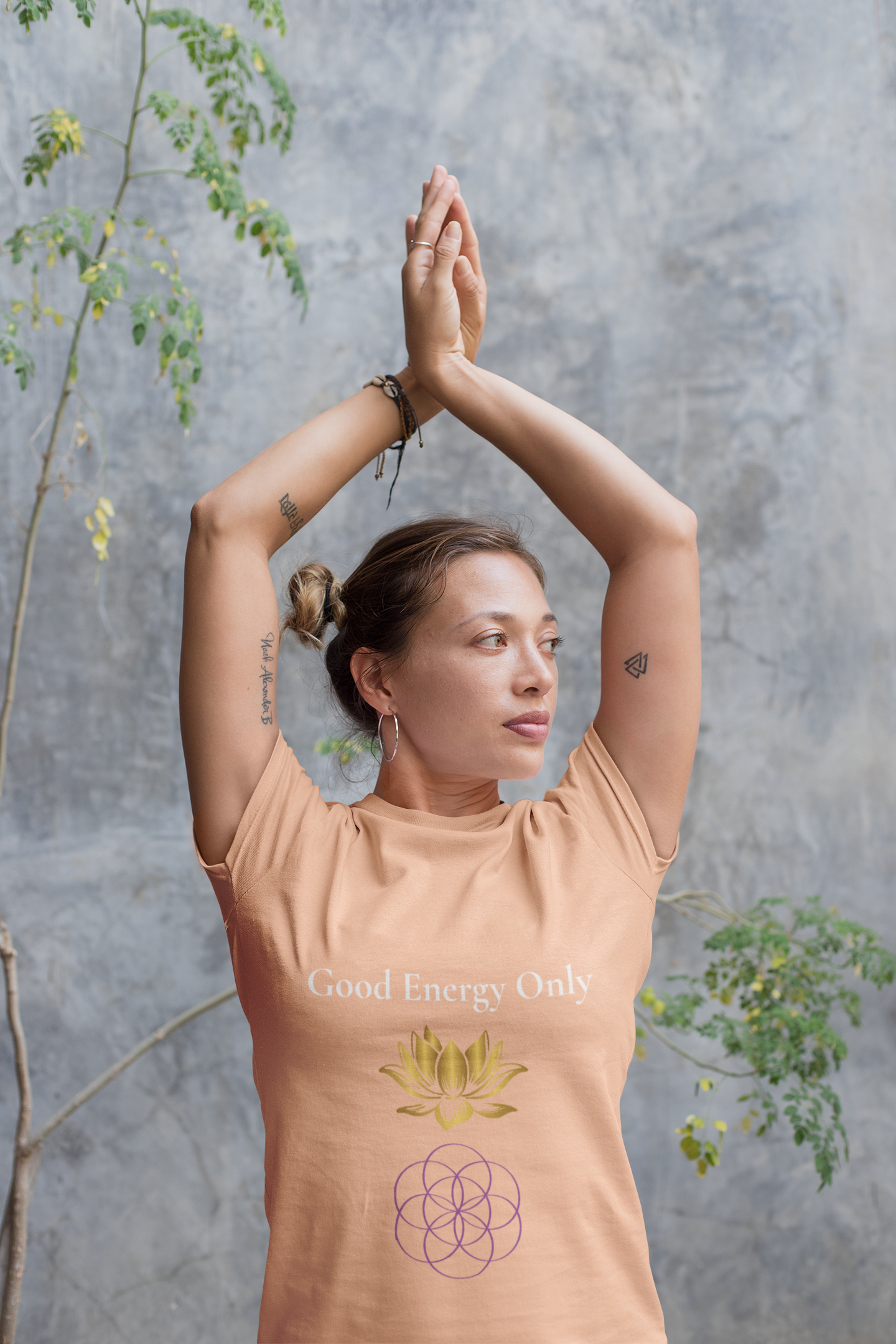 Model wearing Good Energy Only t-shirt – mindfulness and positive vibes spiritual shirt