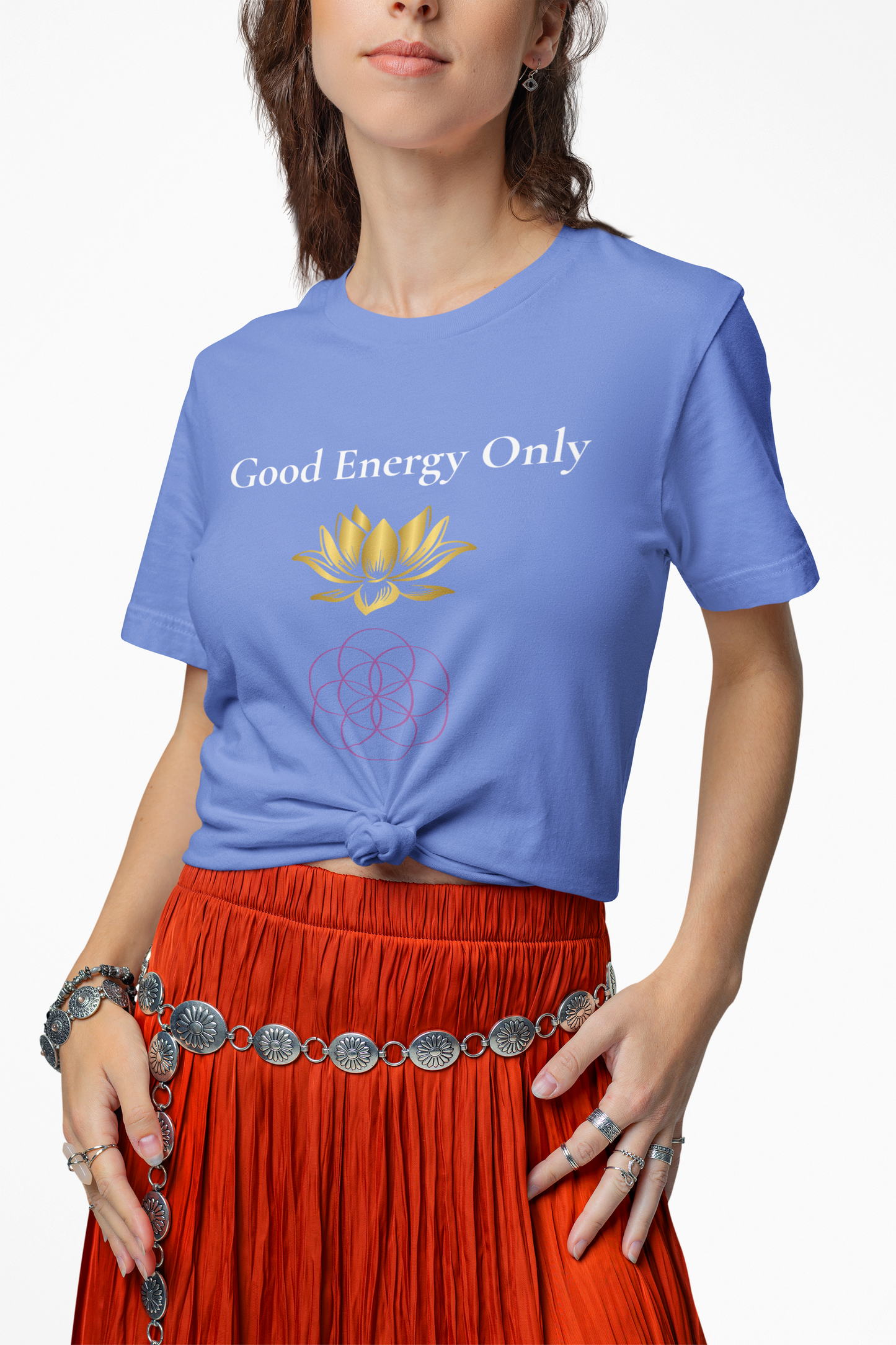 Model wearing Good Energy Only t-shirt – mindfulness and positive vibes spiritual shirt