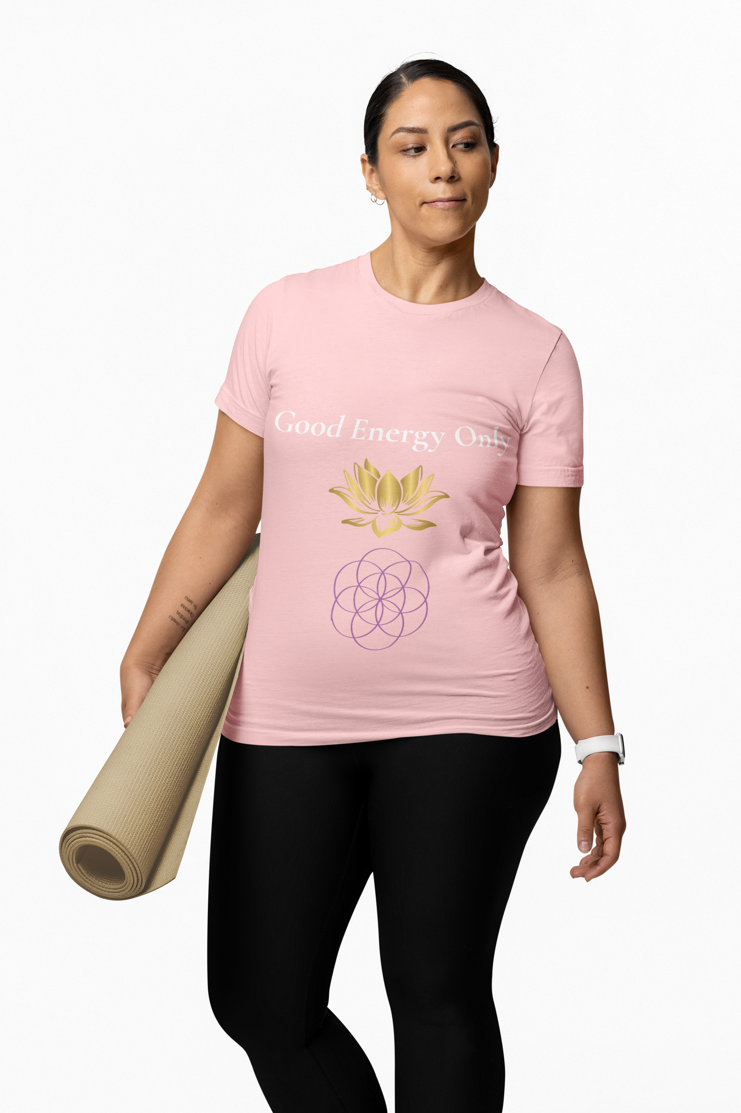 Model wearing Good Energy Only t-shirt – mindfulness and positive vibes spiritual shirt
