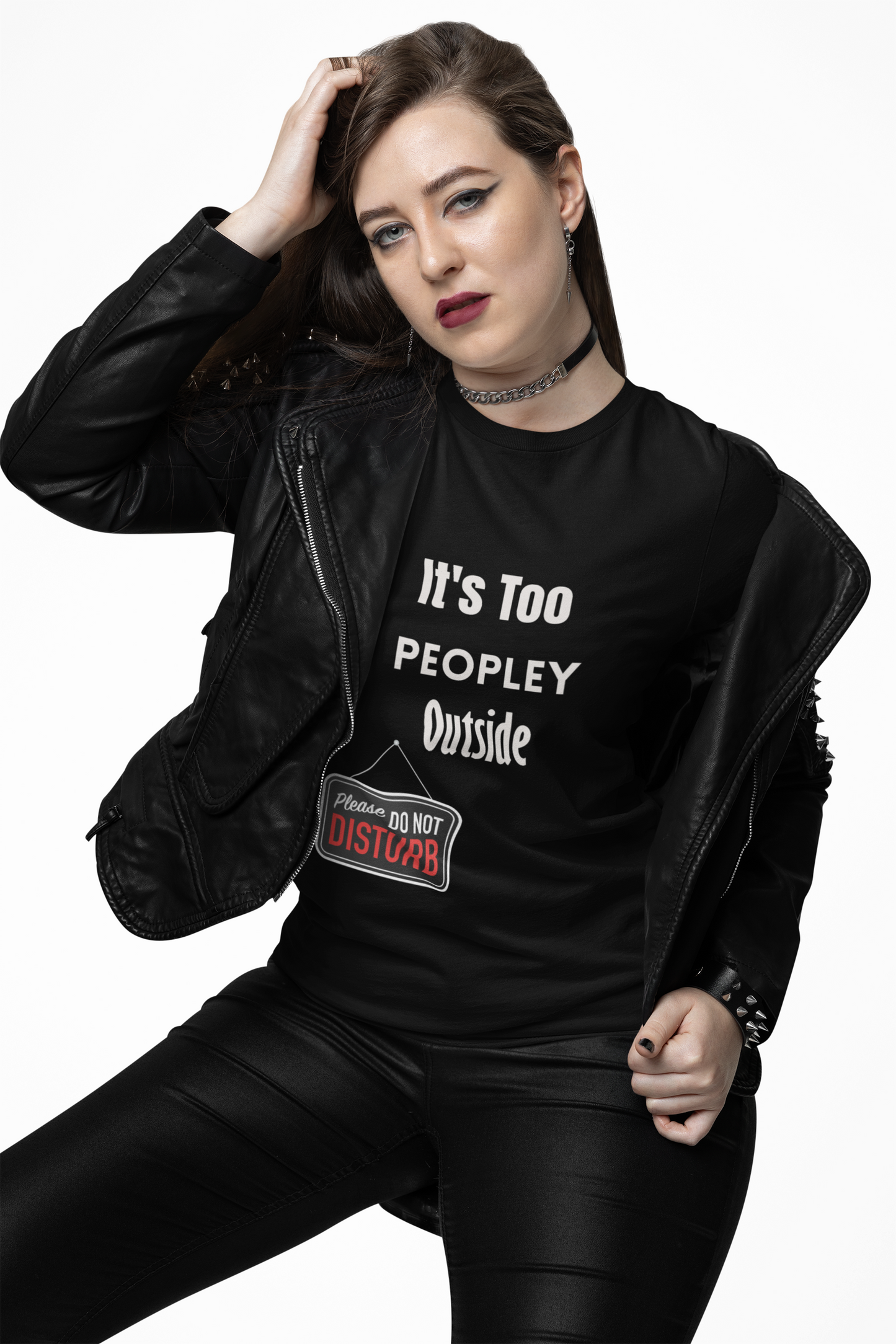 Model wearing It’s Too Peopley Outside t-shirt – funny unisex introvert humor shirt
