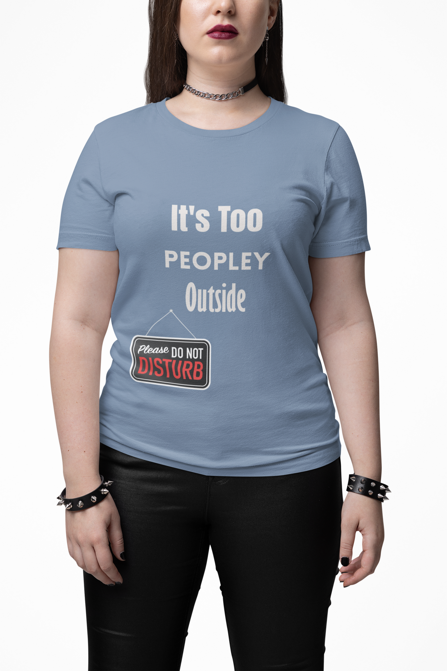 Model wearing It’s Too Peopley Outside t-shirt – funny unisex introvert humor shirt