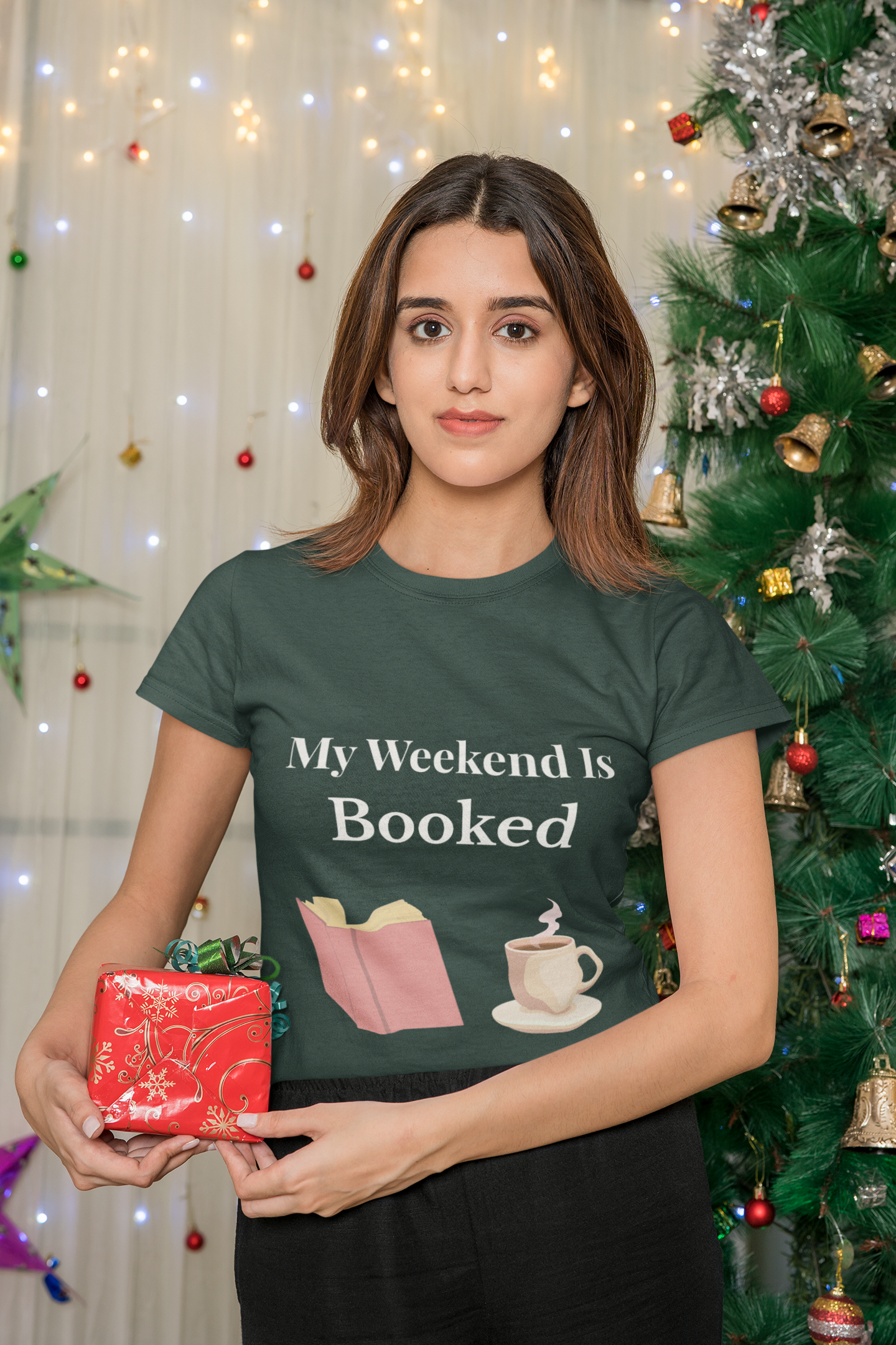 Person wearing My Weekend Is Booked t-shirt – funny unisex book lover shirt for readers and introverts