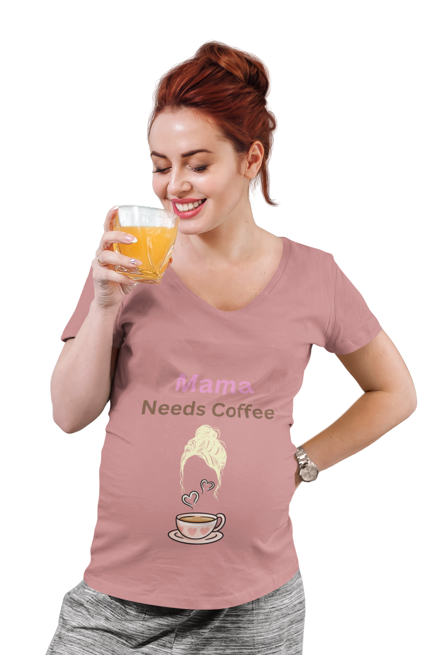Model wearing Mama Needs Coffee t-shirt – funny gift for tired moms and coffee drinkers