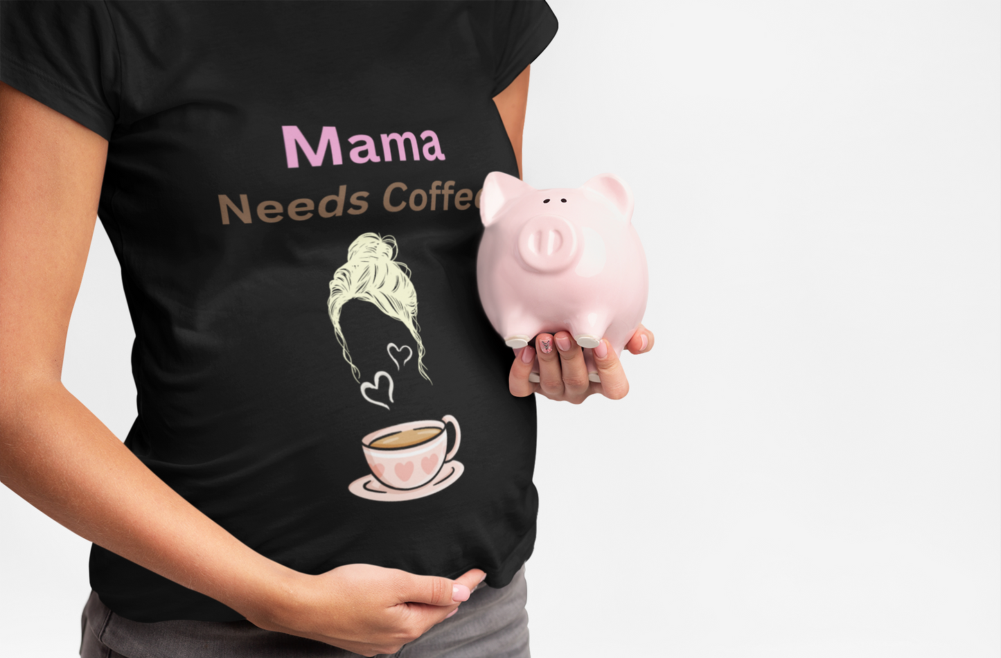 Model wearing Mama Needs Coffee t-shirt – funny gift for tired moms and coffee drinkers
