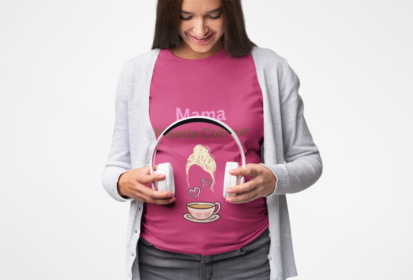 Model wearing Mama Needs Coffee t-shirt – funny gift for tired moms and coffee drinkers