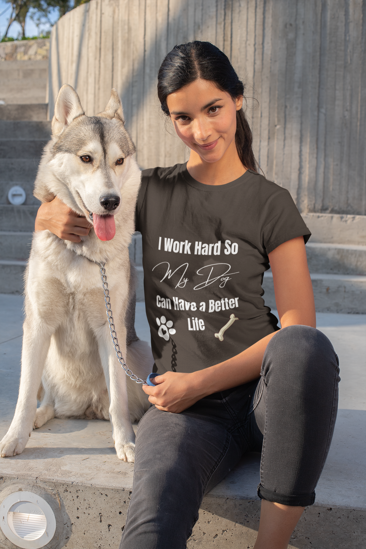 Model wearing funny dog lover t-shirt – I Work Hard So My Dog Can Have a Better Life design for pet owners