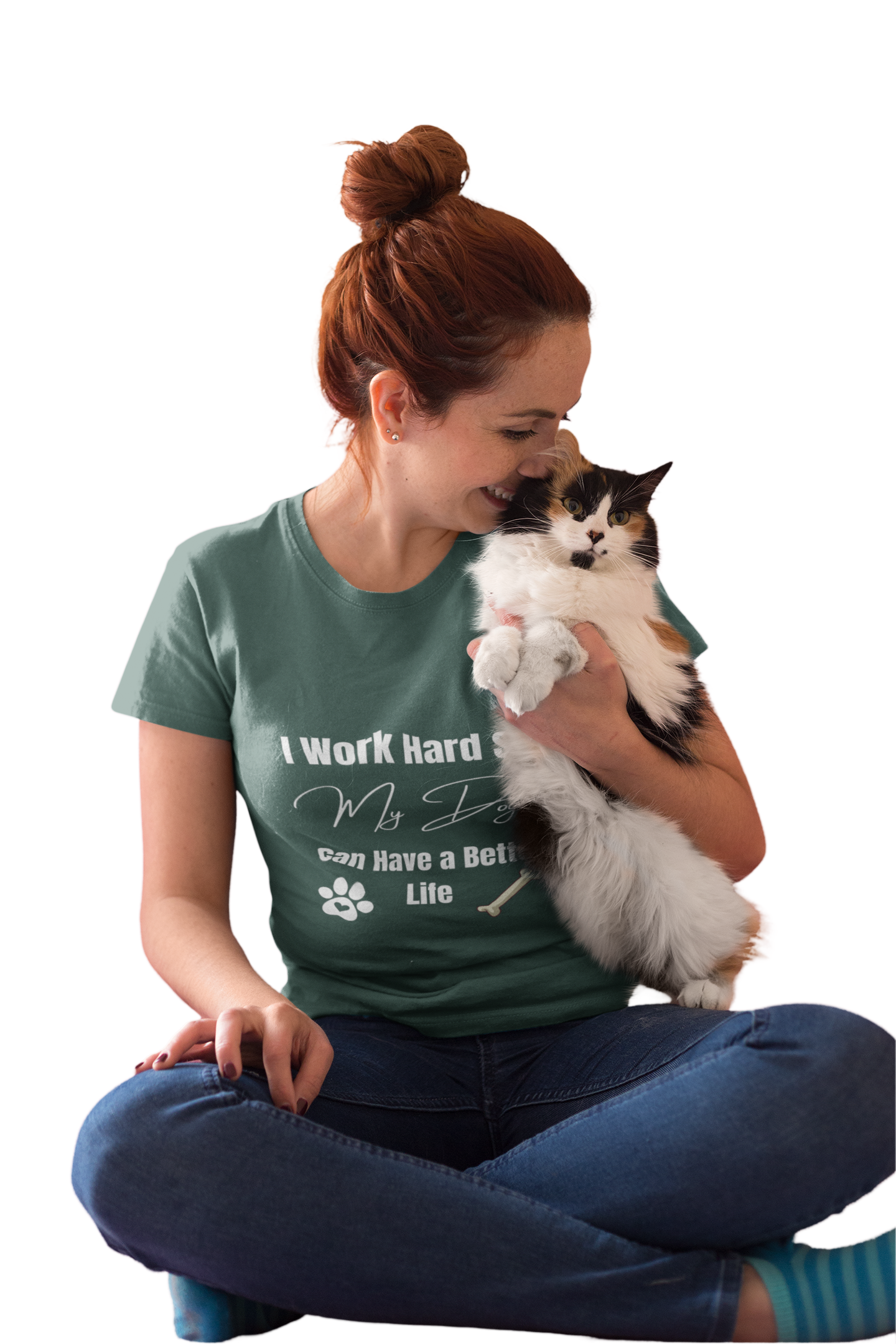 Model wearing funny dog lover t-shirt – I Work Hard So My Dog Can Have a Better Life design for pet owners
