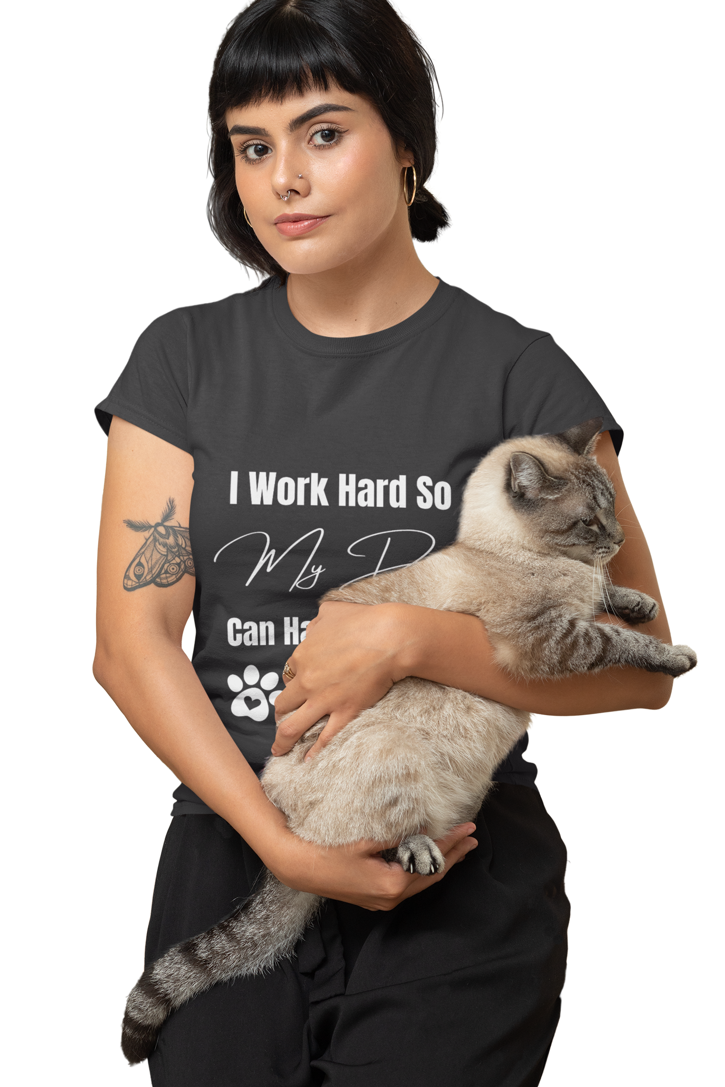 Model wearing funny dog lover t-shirt – I Work Hard So My Dog Can Have a Better Life design for pet owners