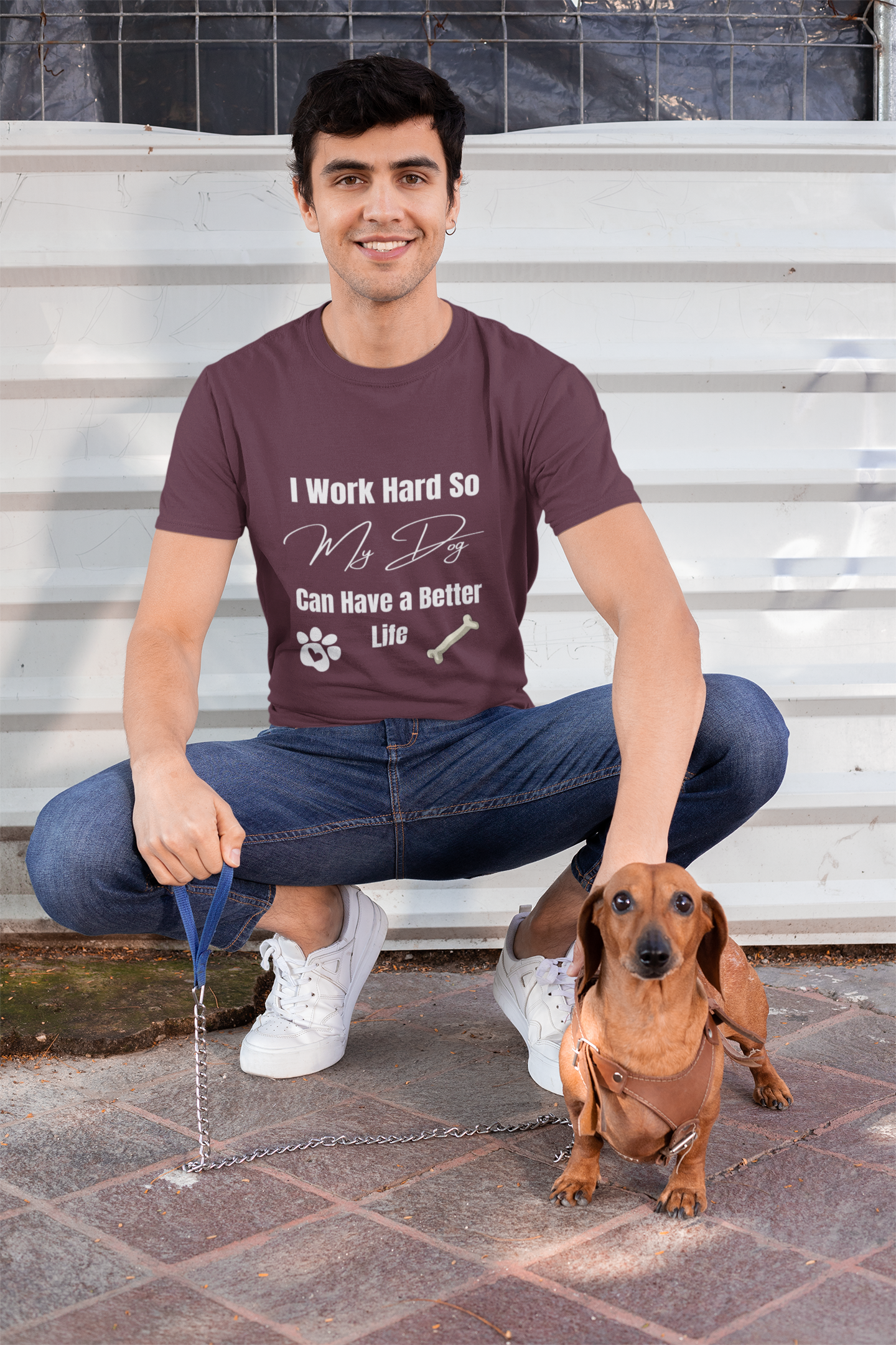 Model wearing funny dog lover t-shirt – I Work Hard So My Dog Can Have a Better Life design for pet owners