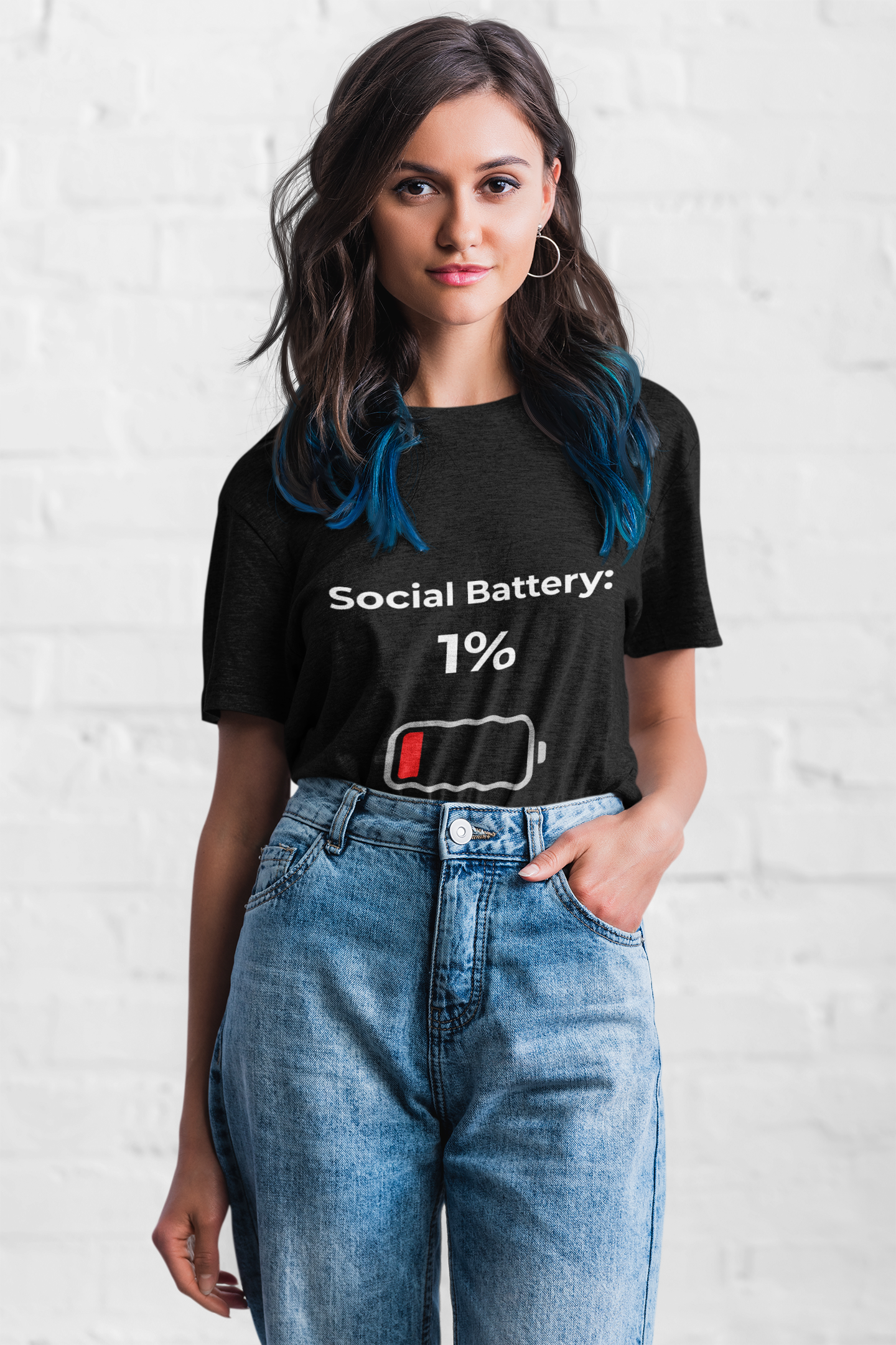 Model wearing Social Battery 1% introvert t-shirt – funny slogan shirt for low energy and mood expression