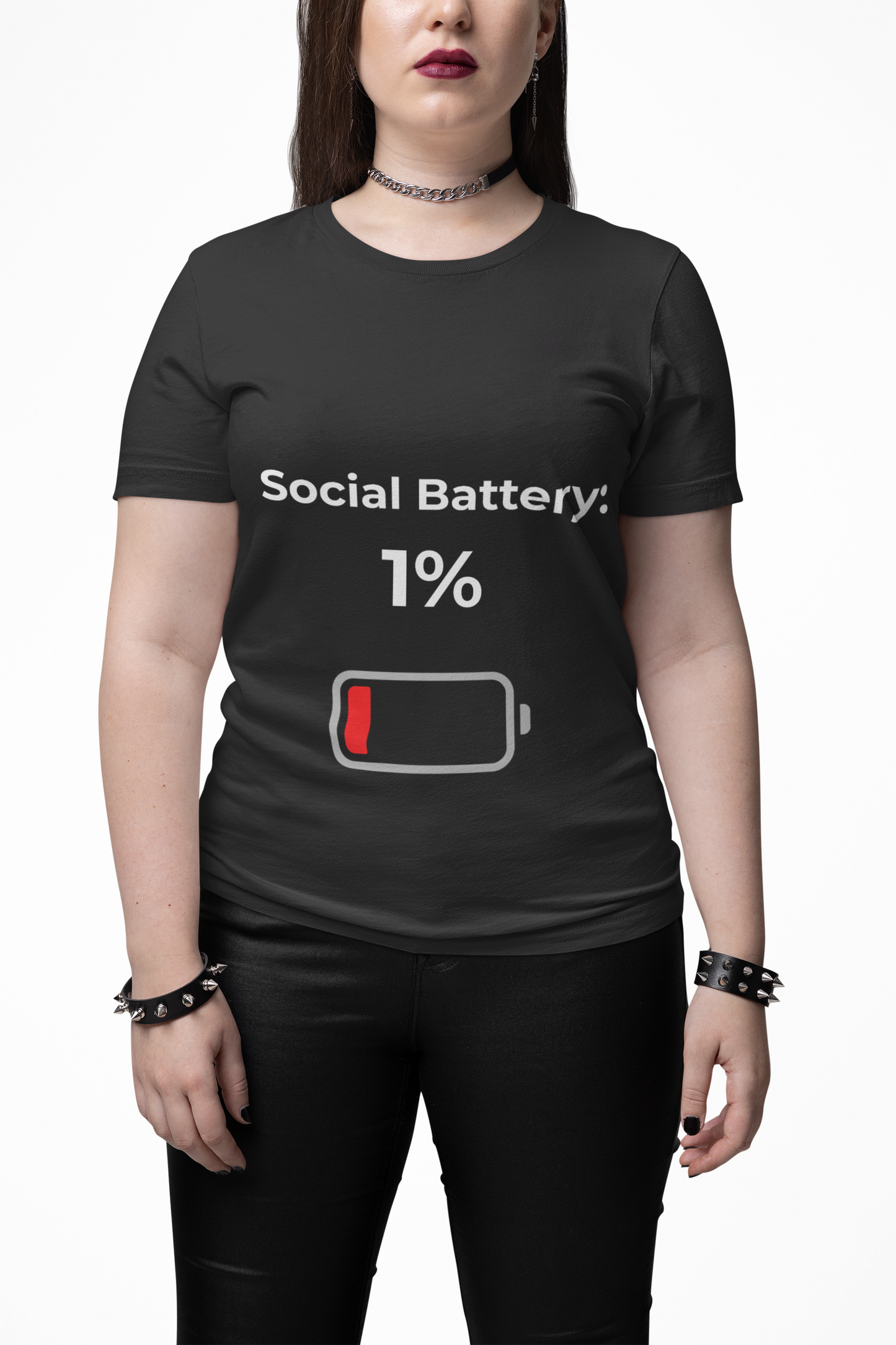 Model wearing Social Battery 1% introvert t-shirt – funny slogan shirt for low energy and mood expression