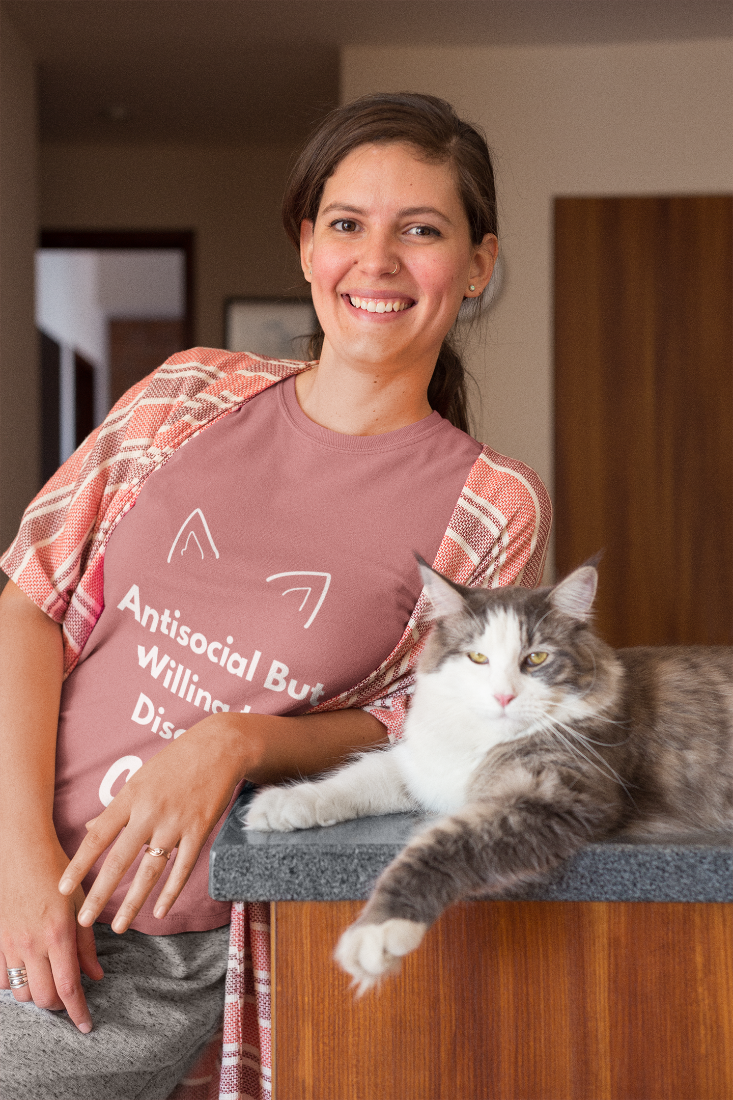 Model wearing funny antisocial cat lover t-shirt – cute sarcastic quote shirt for introverts and animal lovers
