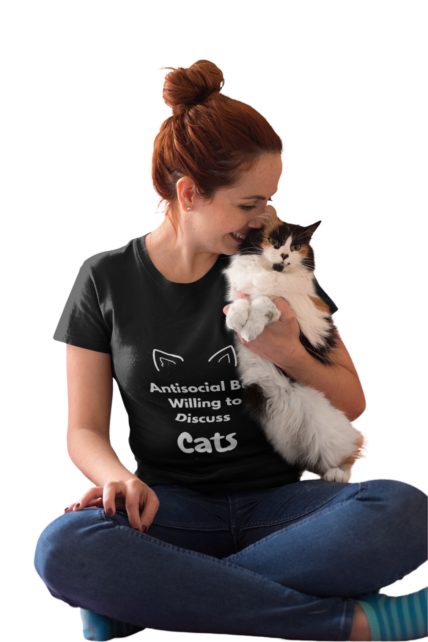 Model wearing funny antisocial cat lover t-shirt – cute sarcastic quote shirt for introverts and animal lovers