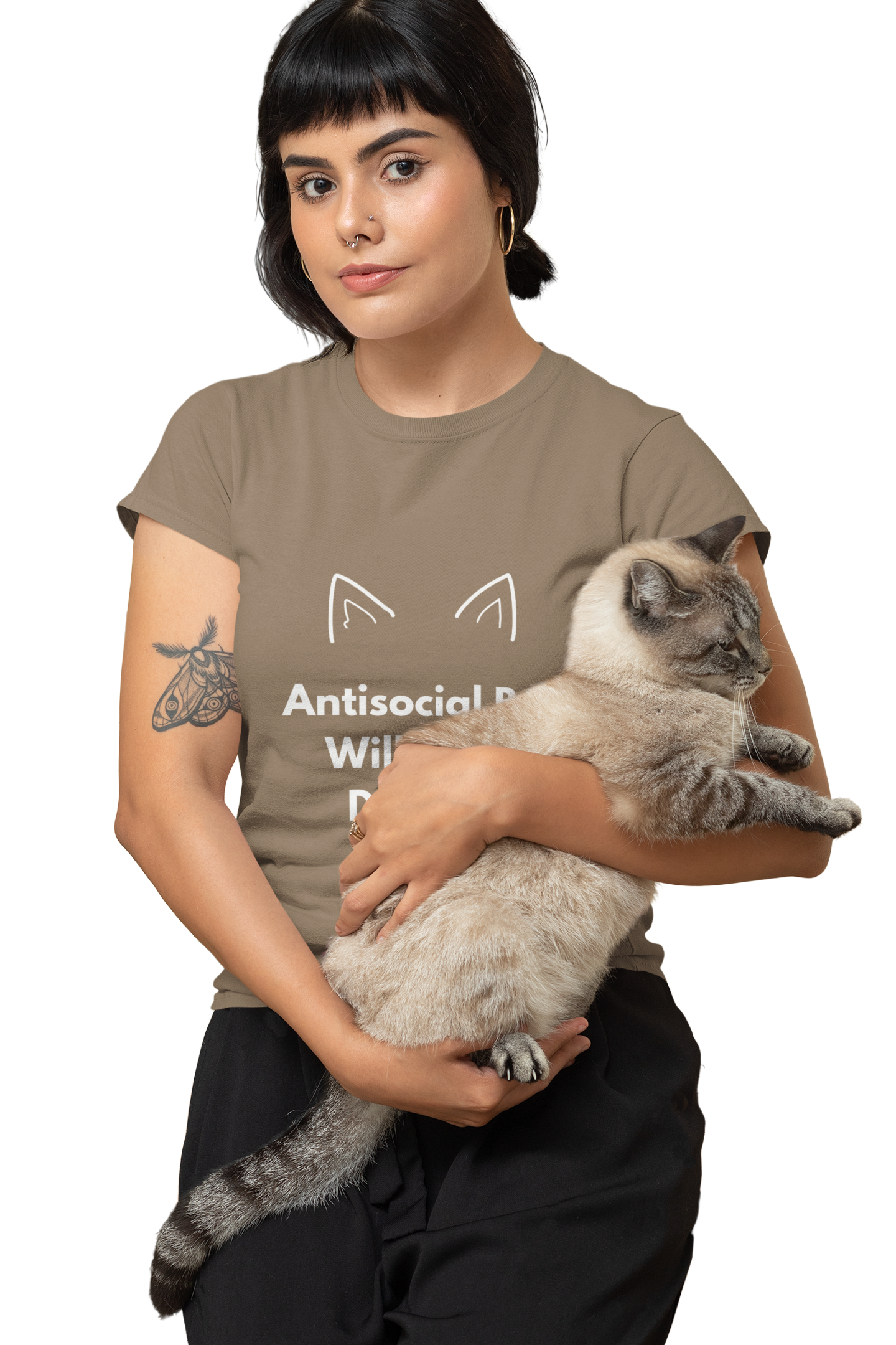 Model wearing funny antisocial cat lover t-shirt – cute sarcastic quote shirt for introverts and animal lovers