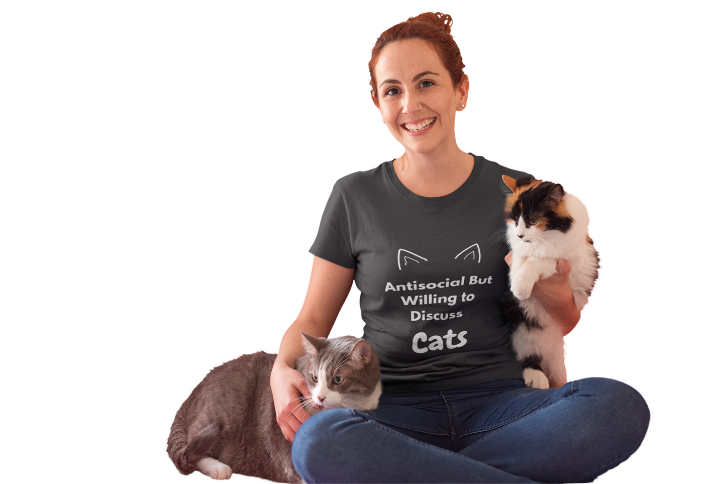 Model wearing funny antisocial cat lover t-shirt – cute sarcastic quote shirt for introverts and animal lovers