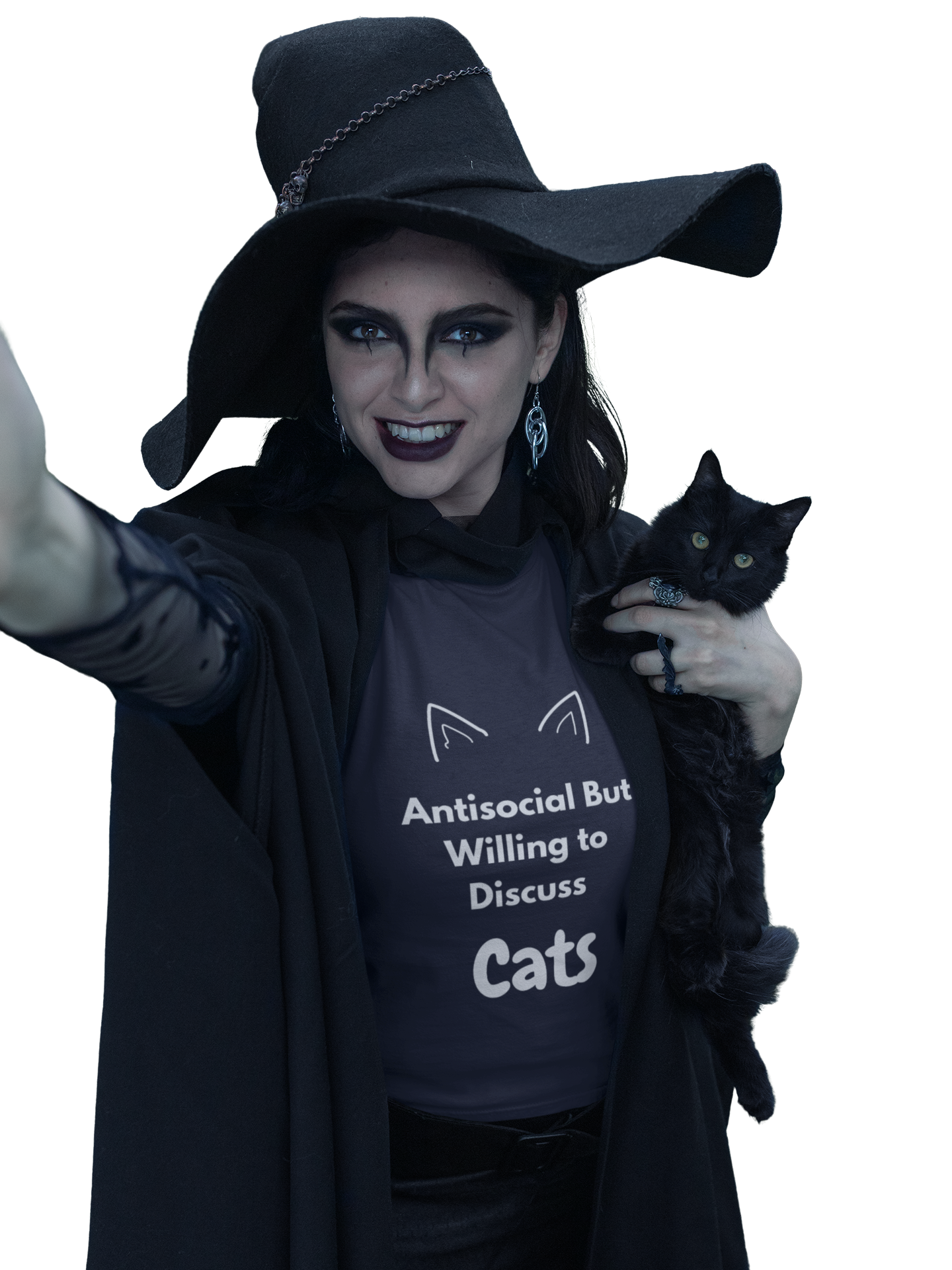 Model wearing funny antisocial cat lover t-shirt – cute sarcastic quote shirt for introverts and animal lovers