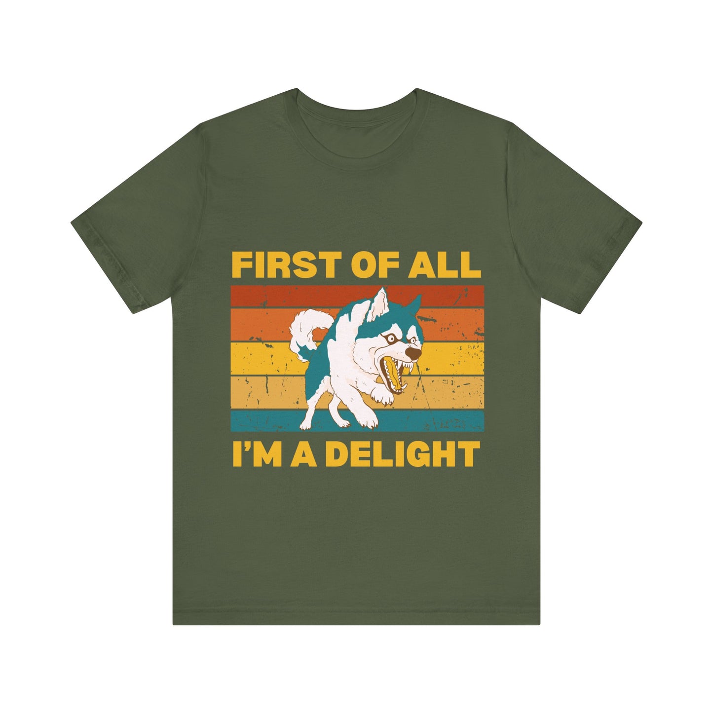 Retro Sunset Synergy Dog T-Shirt – Funny 'First of All, I'm a Delight' Graphic Tee