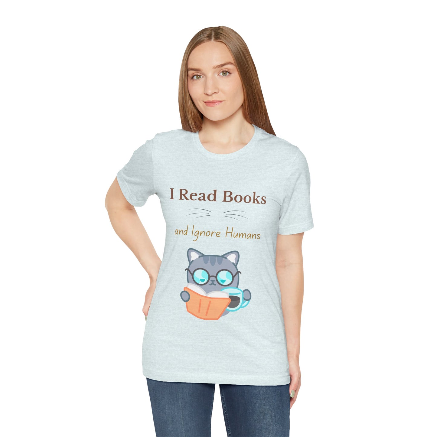 Unisex t-shirt featuring a cat reading a book with the text "I Read Books and Ignore Humans