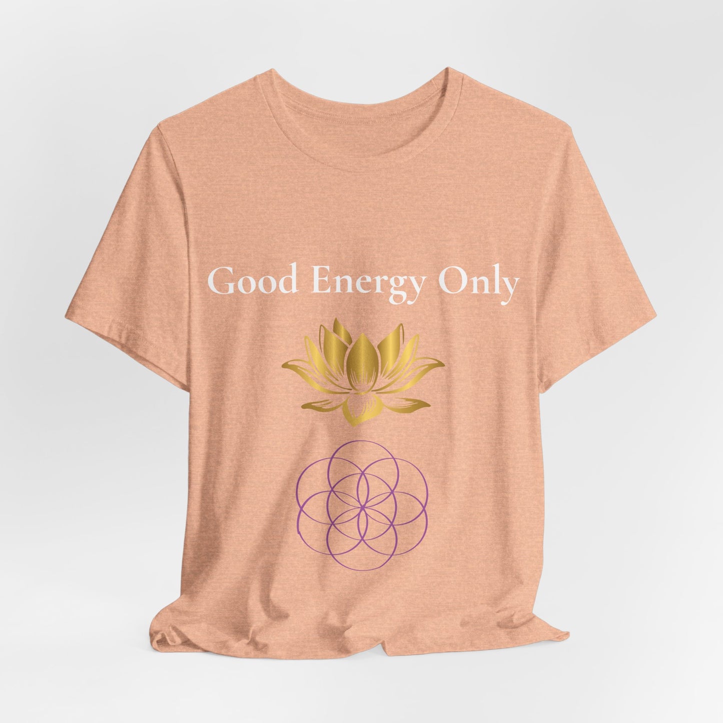 Model wearing Good Energy Only t-shirt – mindfulness and positive vibes spiritual shirt