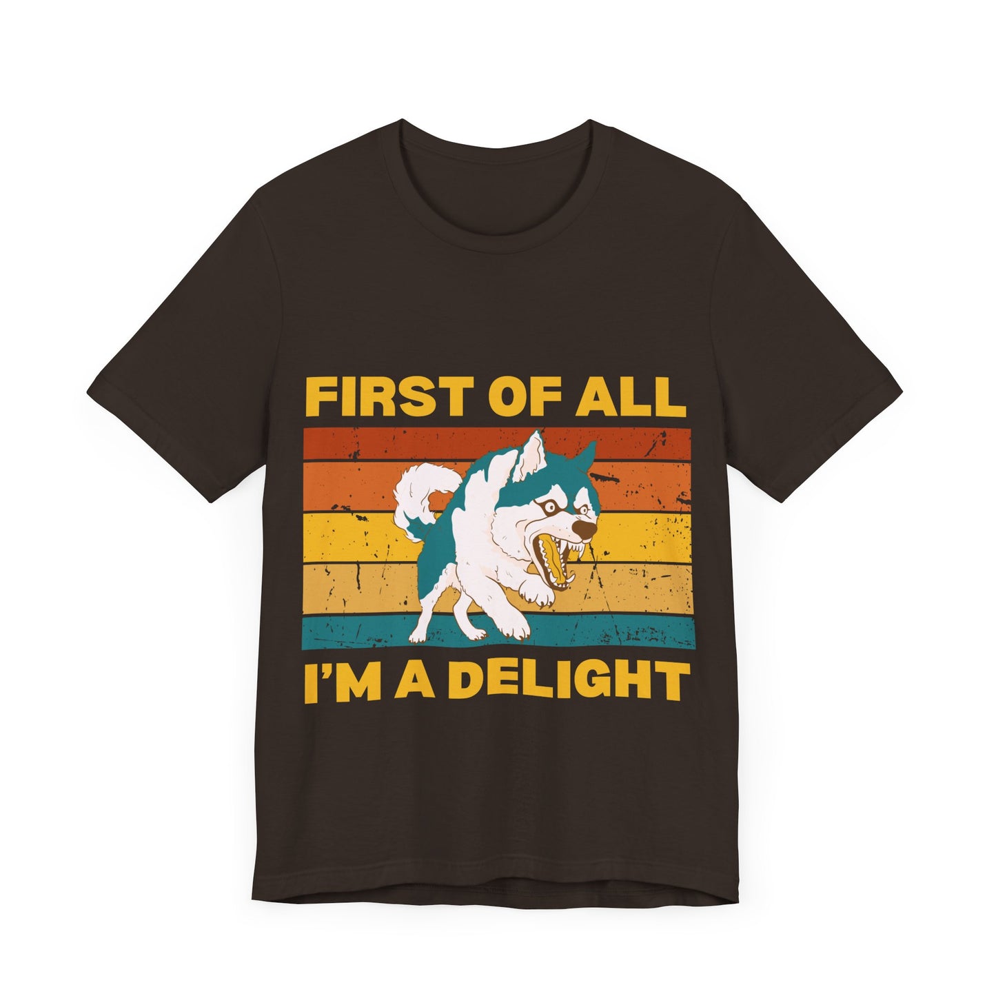 Retro Sunset Synergy Dog T-Shirt – Funny 'First of All, I'm a Delight' Graphic Tee