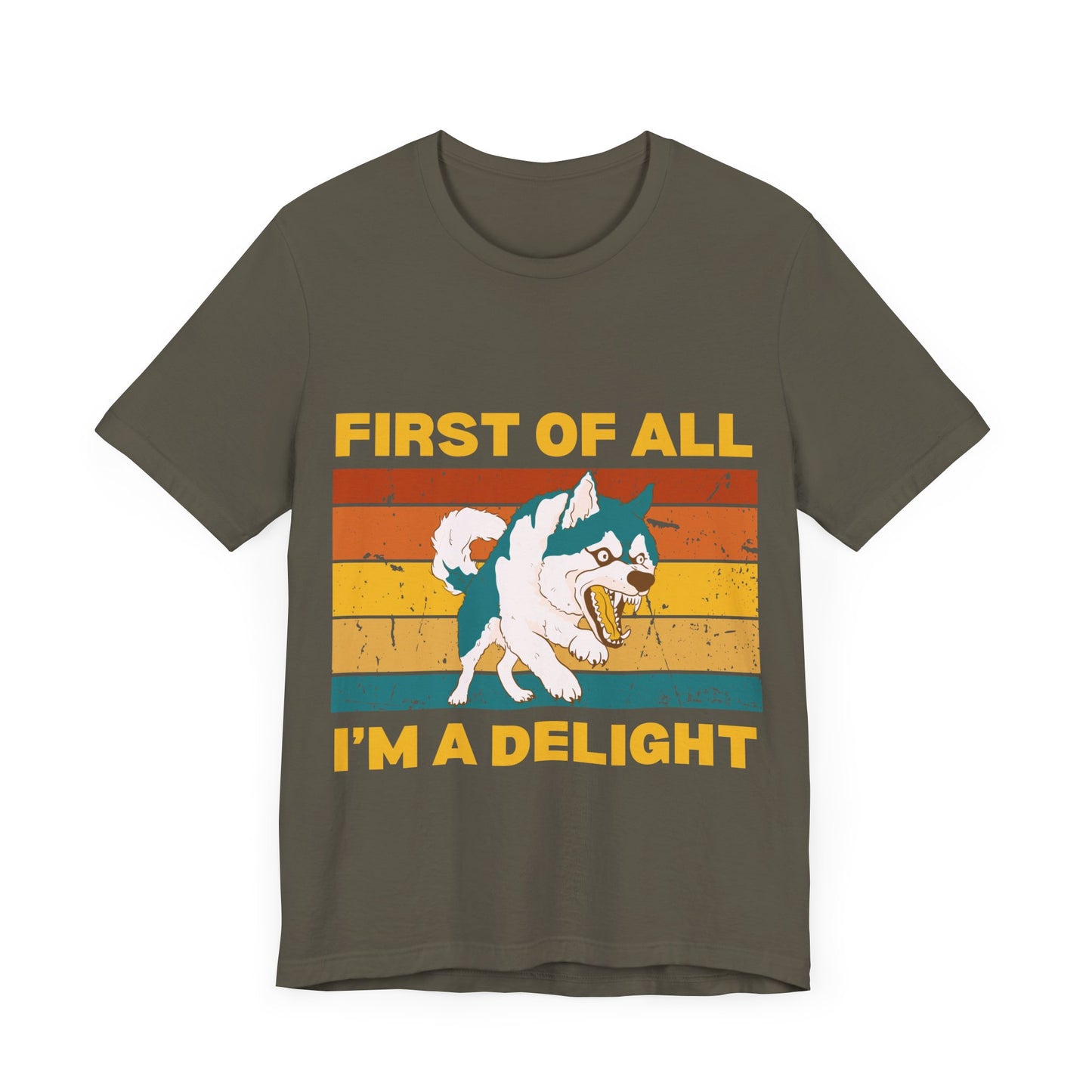 Retro Sunset Synergy Dog T-Shirt – Funny 'First of All, I'm a Delight' Graphic Tee