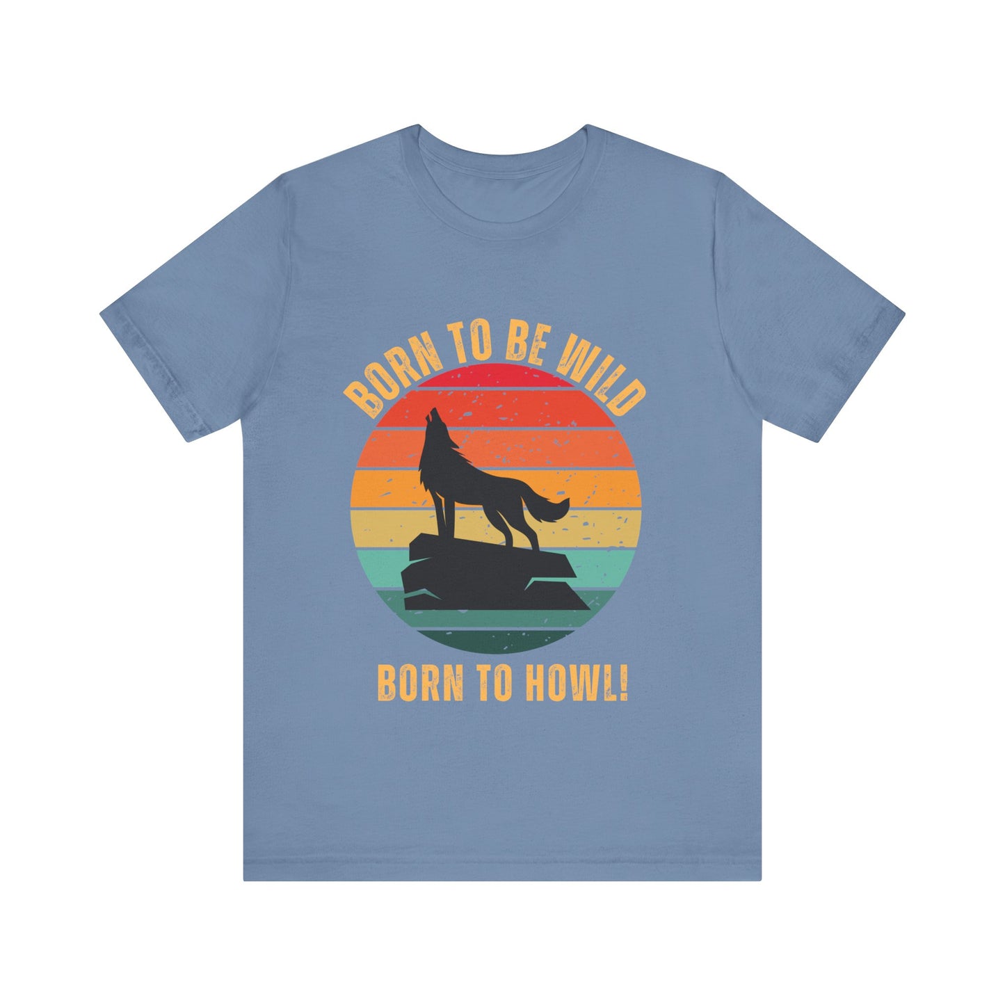 Retro Sunset Howling Dog T-Shirt – Funny Dog Lover Tee in Steel Blue