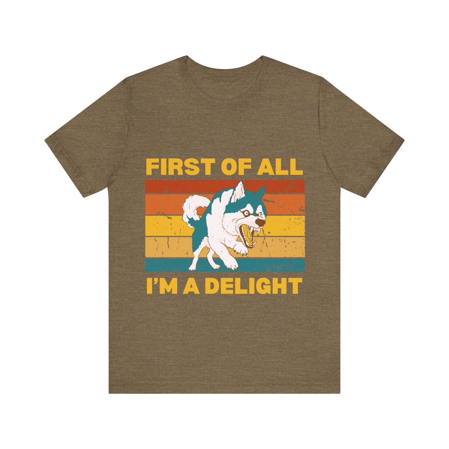 Retro Sunset Synergy Dog T-Shirt – Funny 'First of All, I'm a Delight' Graphic Tee